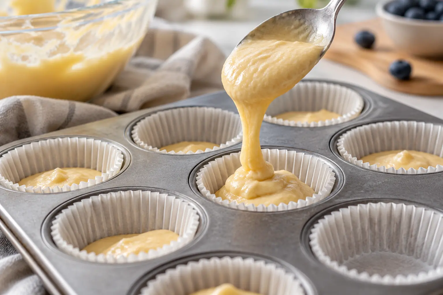 Cuillère répartissant la pâte dans les caissettes à cupcakes