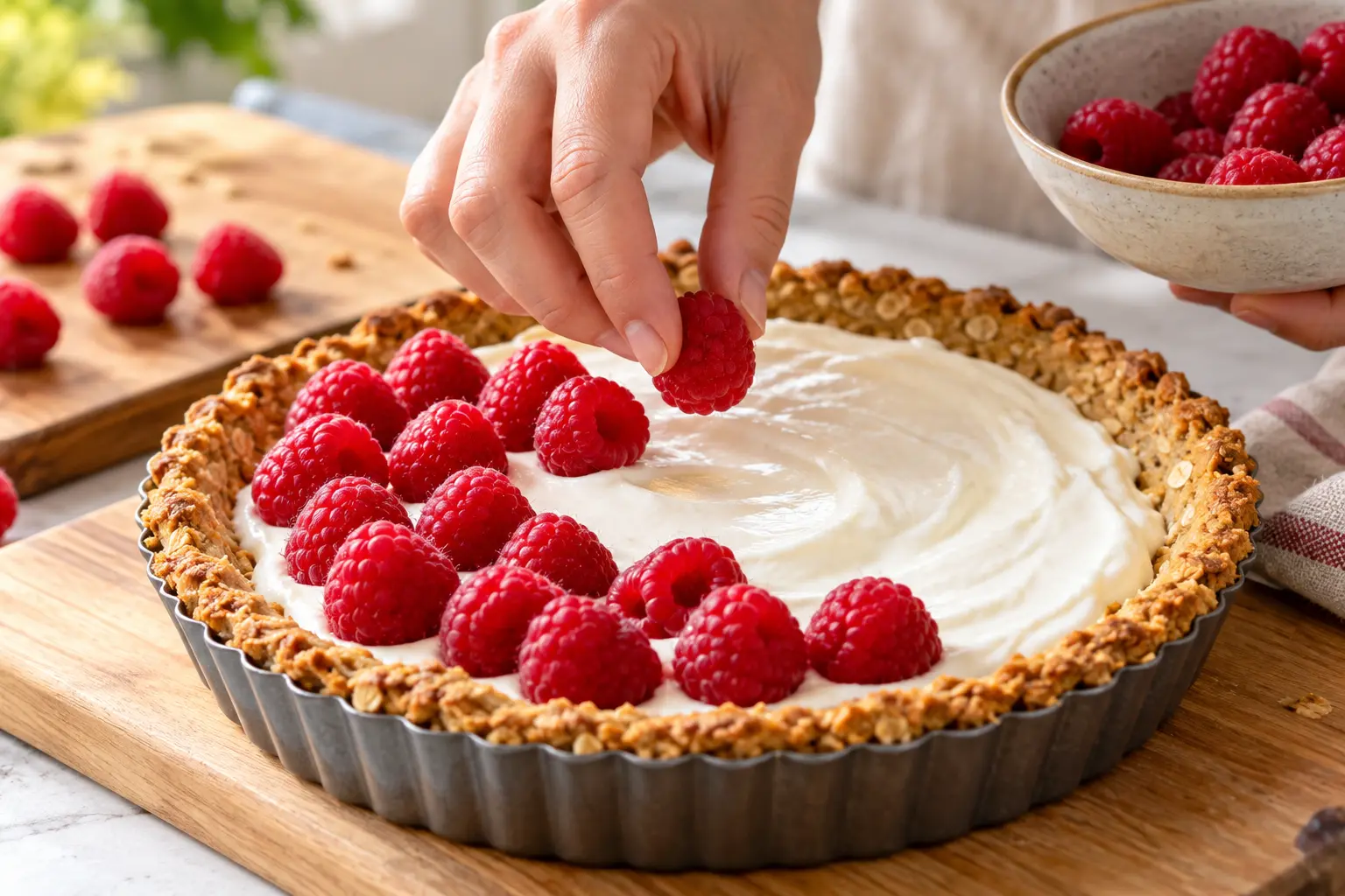 Main disposant des framboises fraîches sur la crème blanche dans le moule à tarte