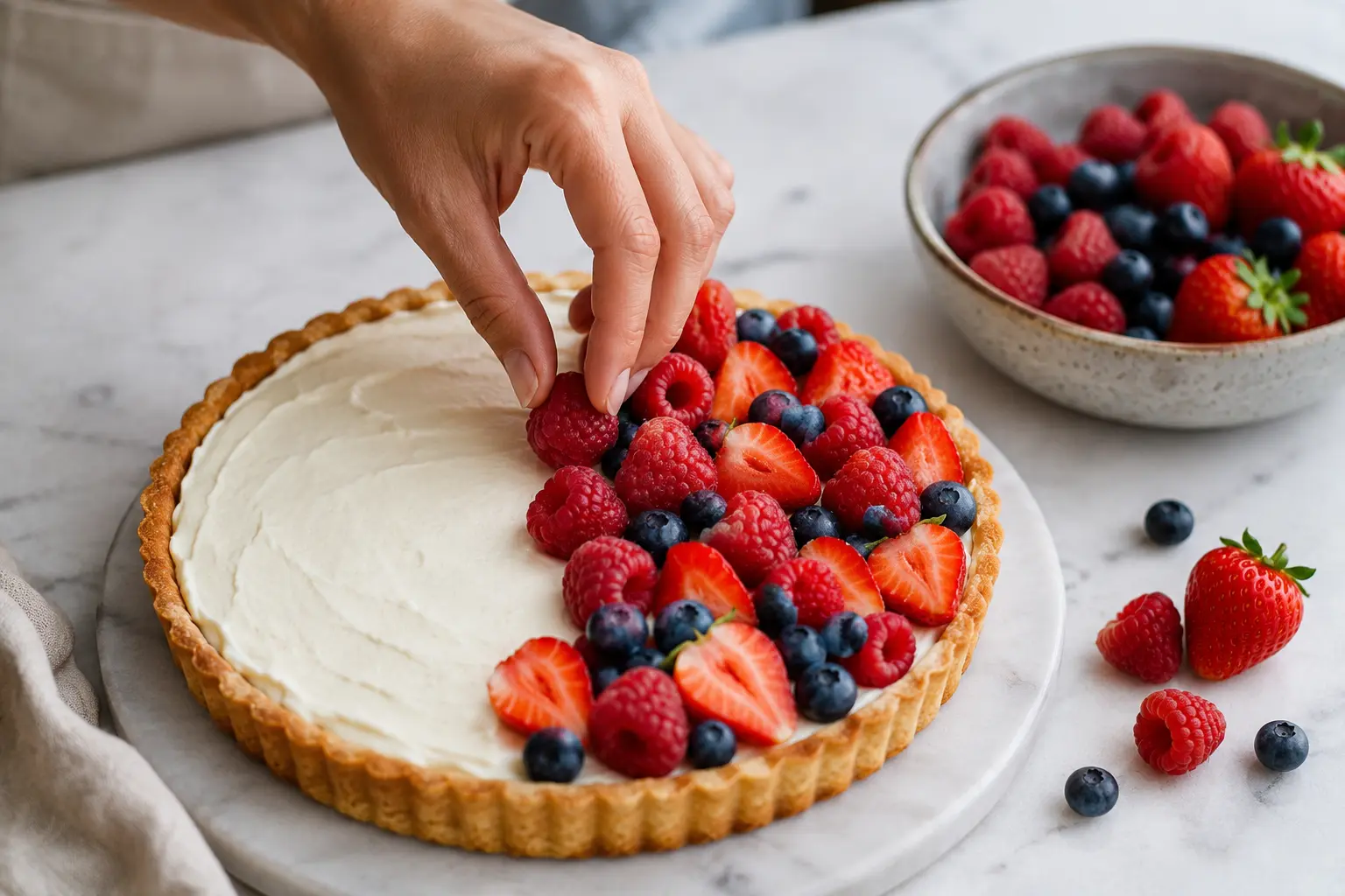Main disposant des framboises et myrtilles sur la crème blanche de la tarte