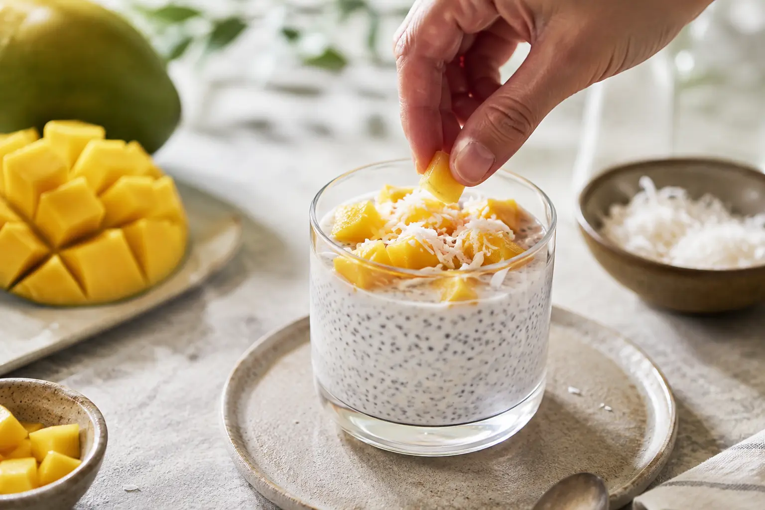 Chia pudding coco garni de mangue fraîche, noix de coco râpée et éclats de cacao