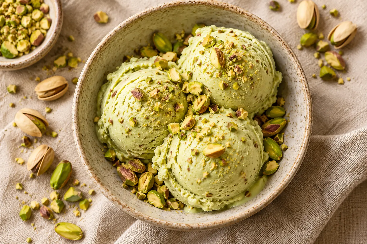 Boules de glace pistache protéinée dans une coupelle vue de dessus