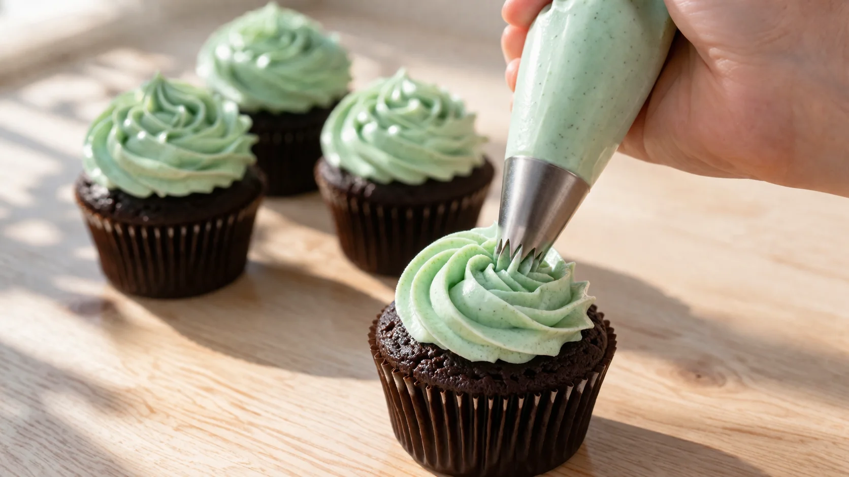 Main tenant une poche à douille en train de dresser une rosace de glaçage vert menthe crémeux sur un cupcake chocolaté foncé, cupcakes déjà glacés alignés en arrière-plan, fond bois clair