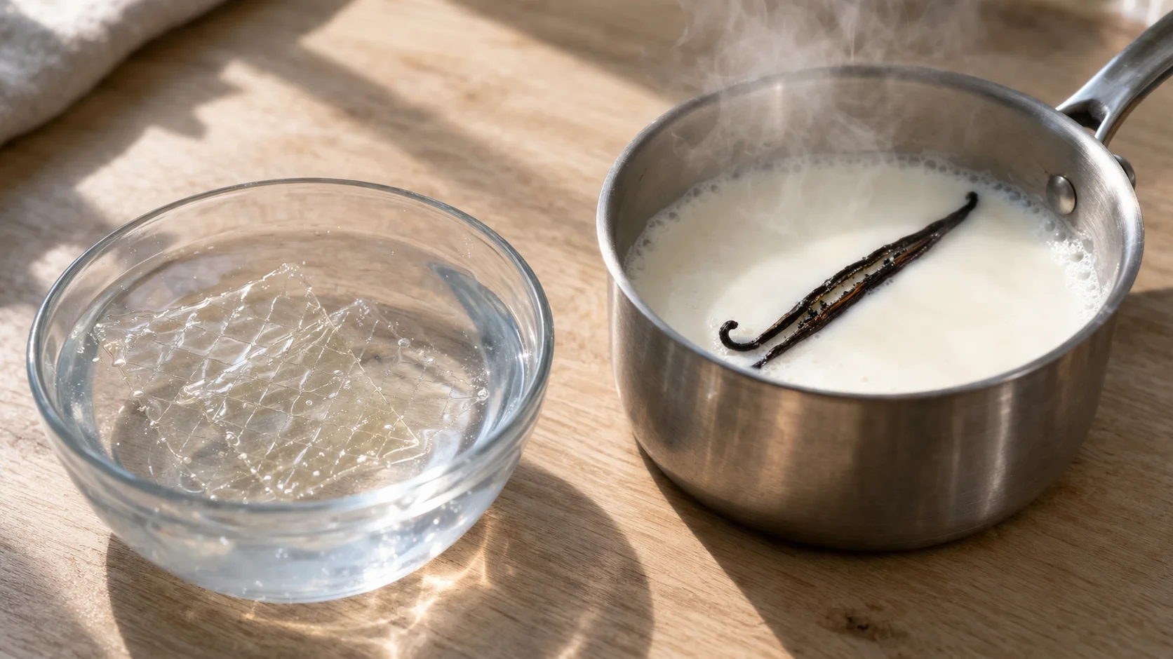 Deux feuilles de gélatine transparentes hydratant dans un bol d'eau froide, à côté d'une casserole avec du lait chaud et une gousse de vanille fendue en deux, plan de travail en bois clair