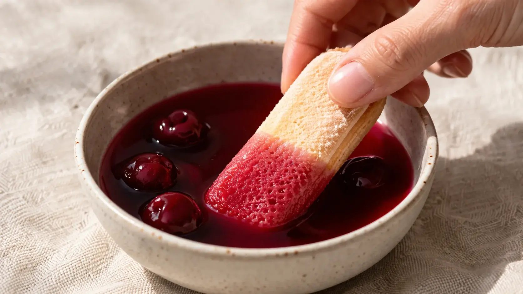 Main trempant un biscuit à la cuillère dans du jus de cerise rouge pour le montage du tiramisu forêt noire