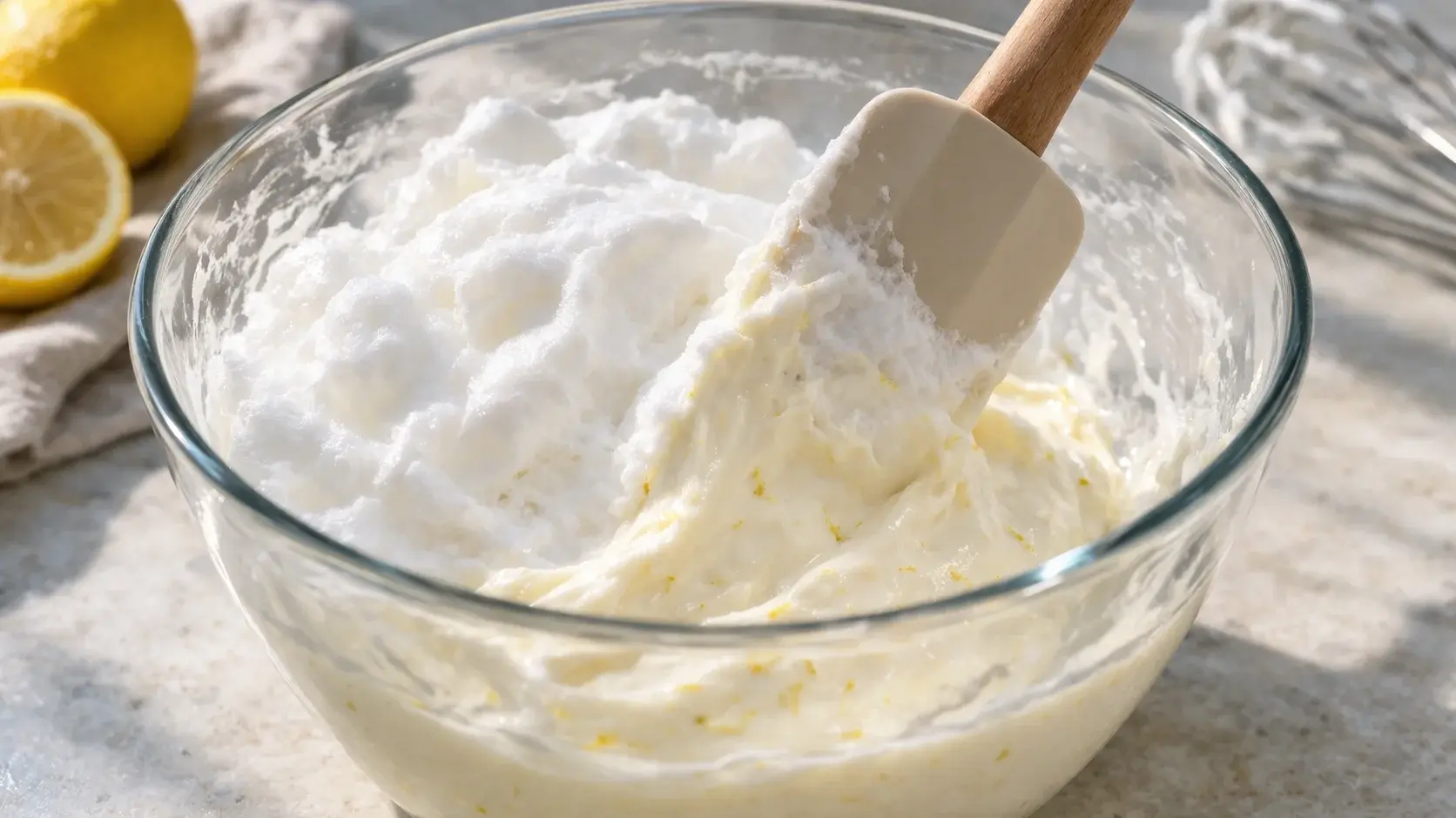 Spatule incorporant délicatement les blancs en neige blancs et aériens dans la base fromage blanc citron, mouvement de bas en haut visible, saladier en verre