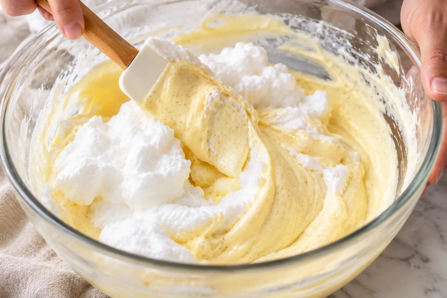 Incorporation délicate des blancs en neige dans la crème vanille avec une spatule