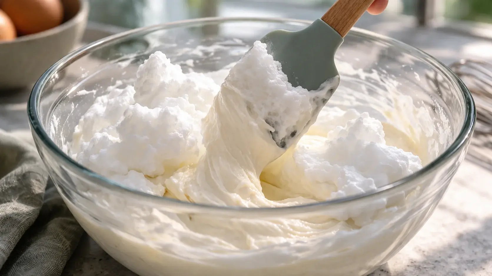 Spatule en silicone incorporant délicatement des blancs en neige blancs et aériens dans la base fromage blanc crémeuse, mouvement de bas en haut visible dans le saladier en verre, plan de travail en bois clair