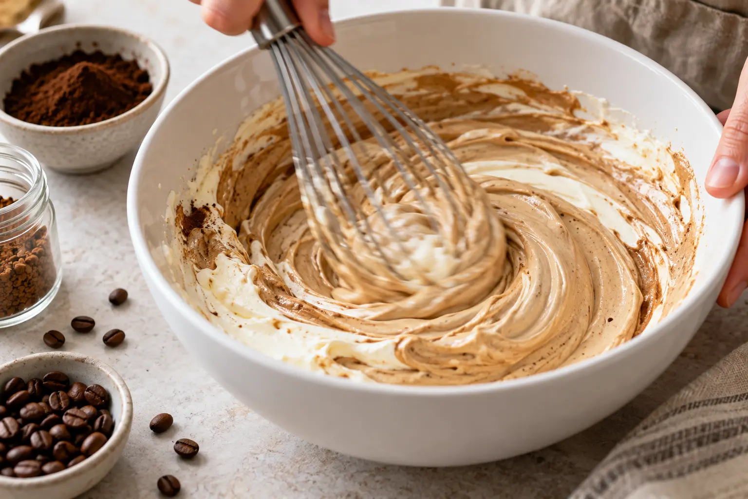 Fouet incorporant le mélange café dans le fromage blanc et la whey