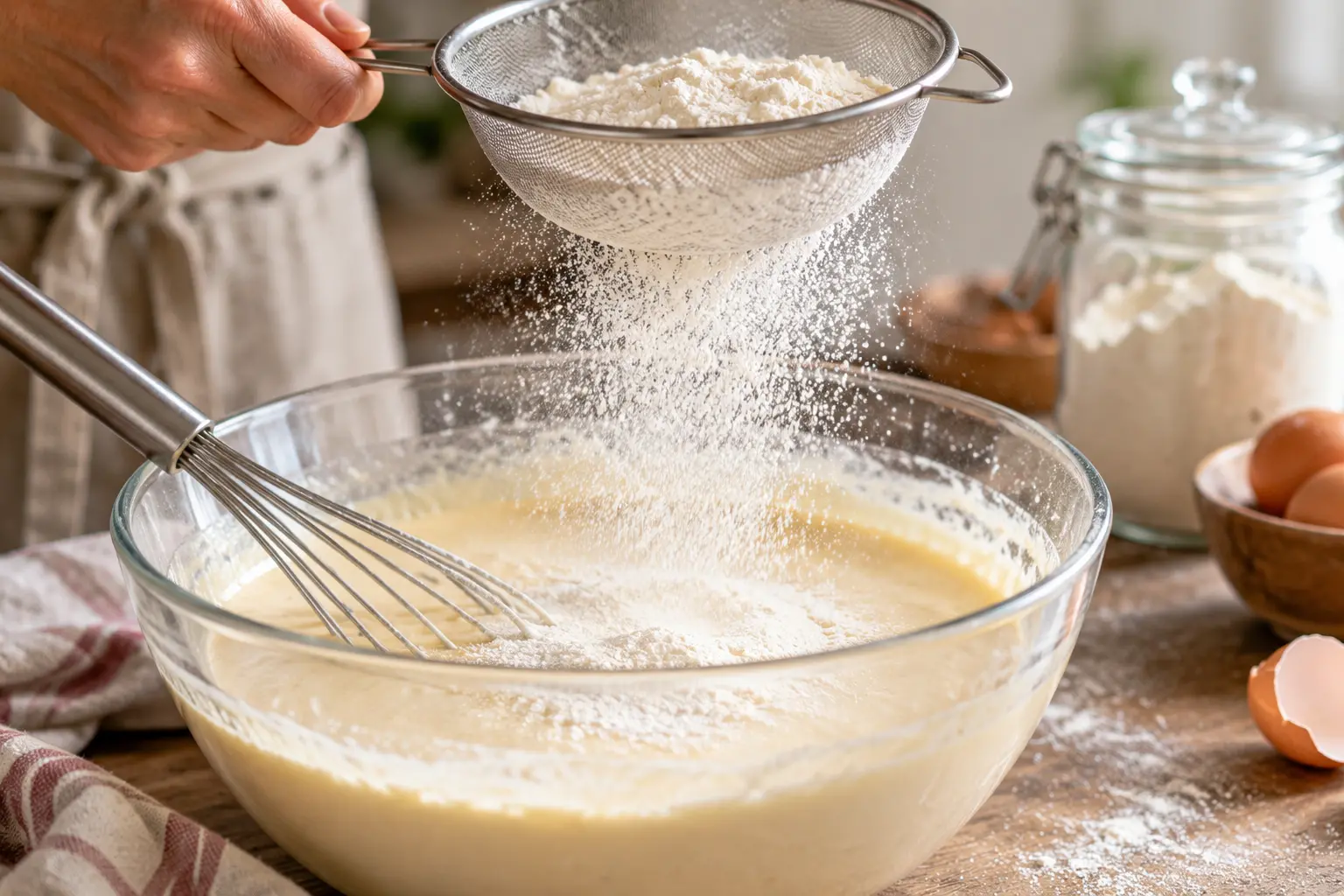 Farine tamisée versée dans la pâte à crêpes au fromage blanc