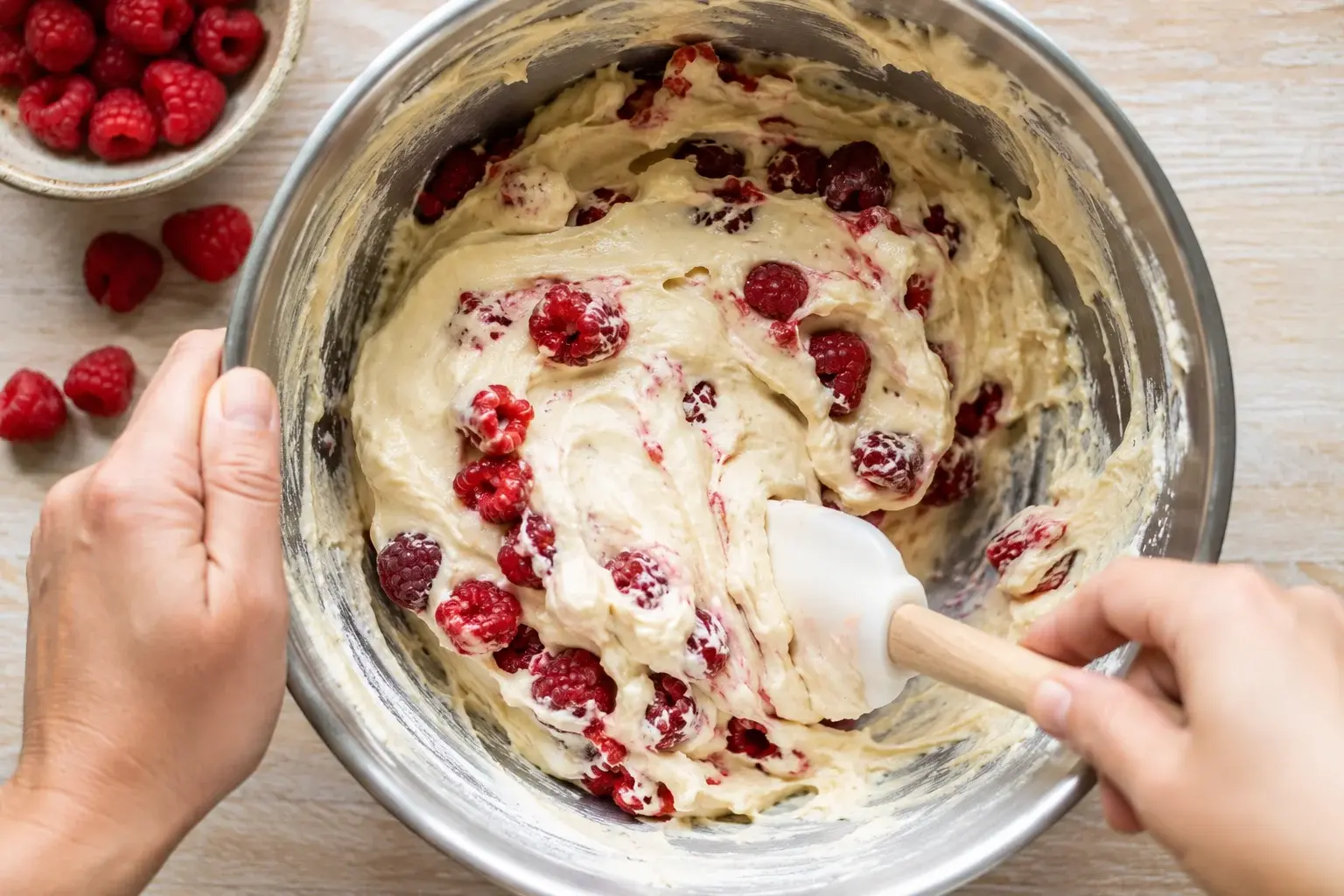 Incorporation des framboises dans la pâte à cupcakes avec une maryse