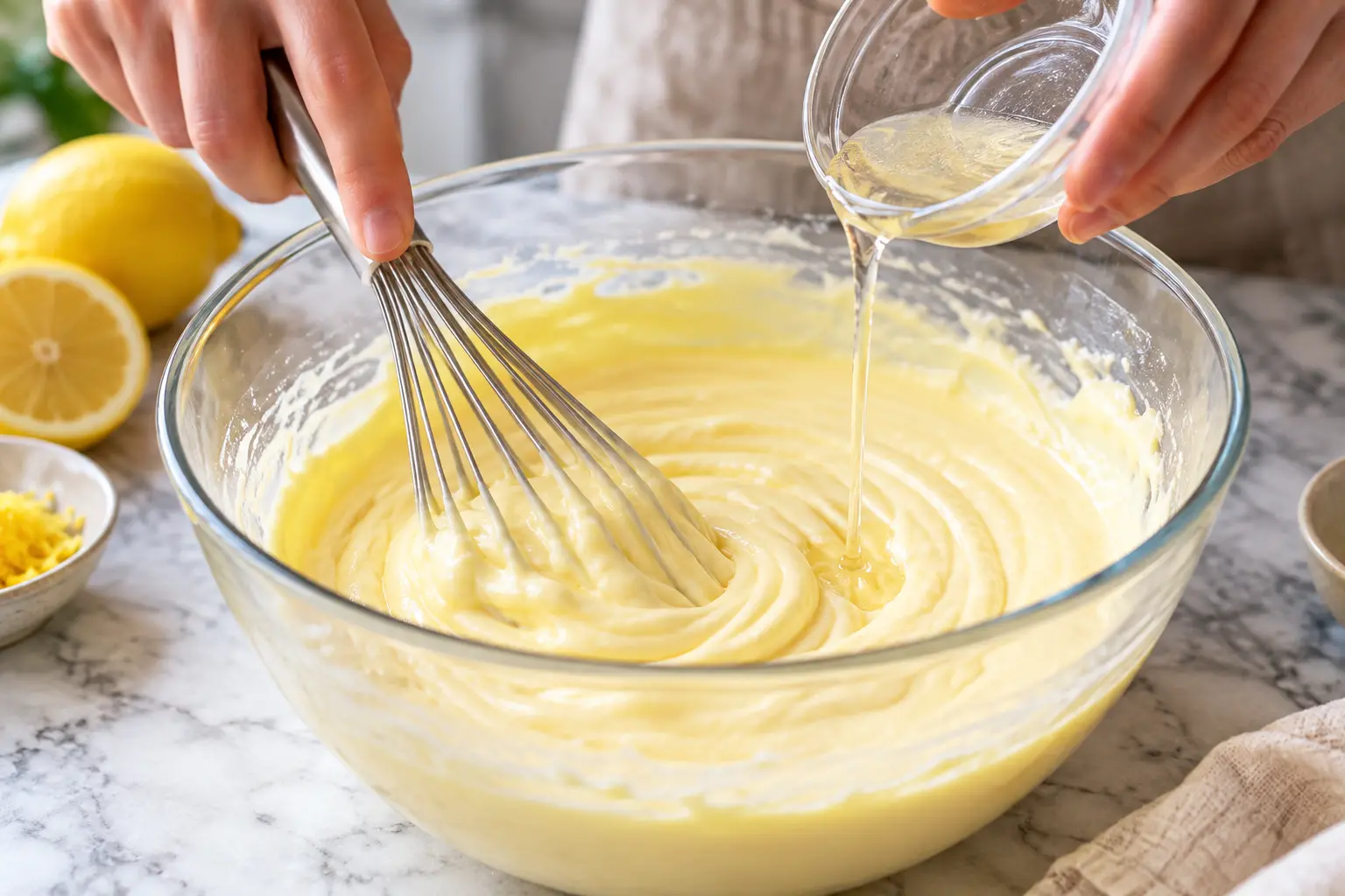 Gélatine liquide versée dans la crème au citron en filet avec un fouet