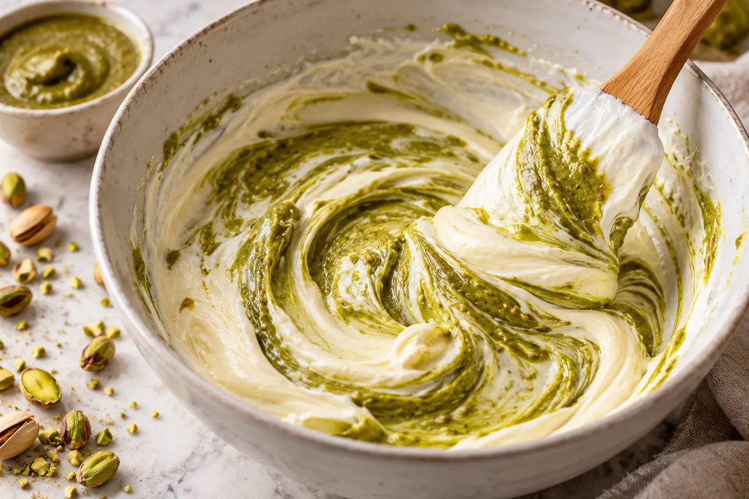 Purée de pistache incorporée dans la base crémeuse avec une spatule