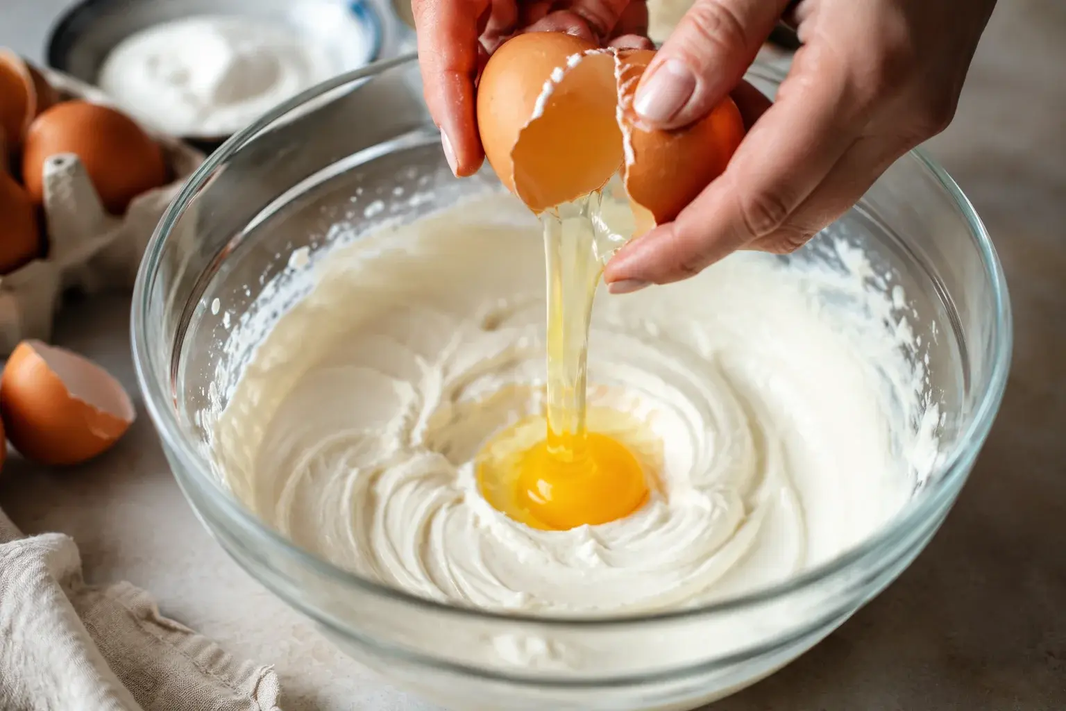 Main cassant un œuf au-dessus du saladier contenant l'appareil à cheesecake