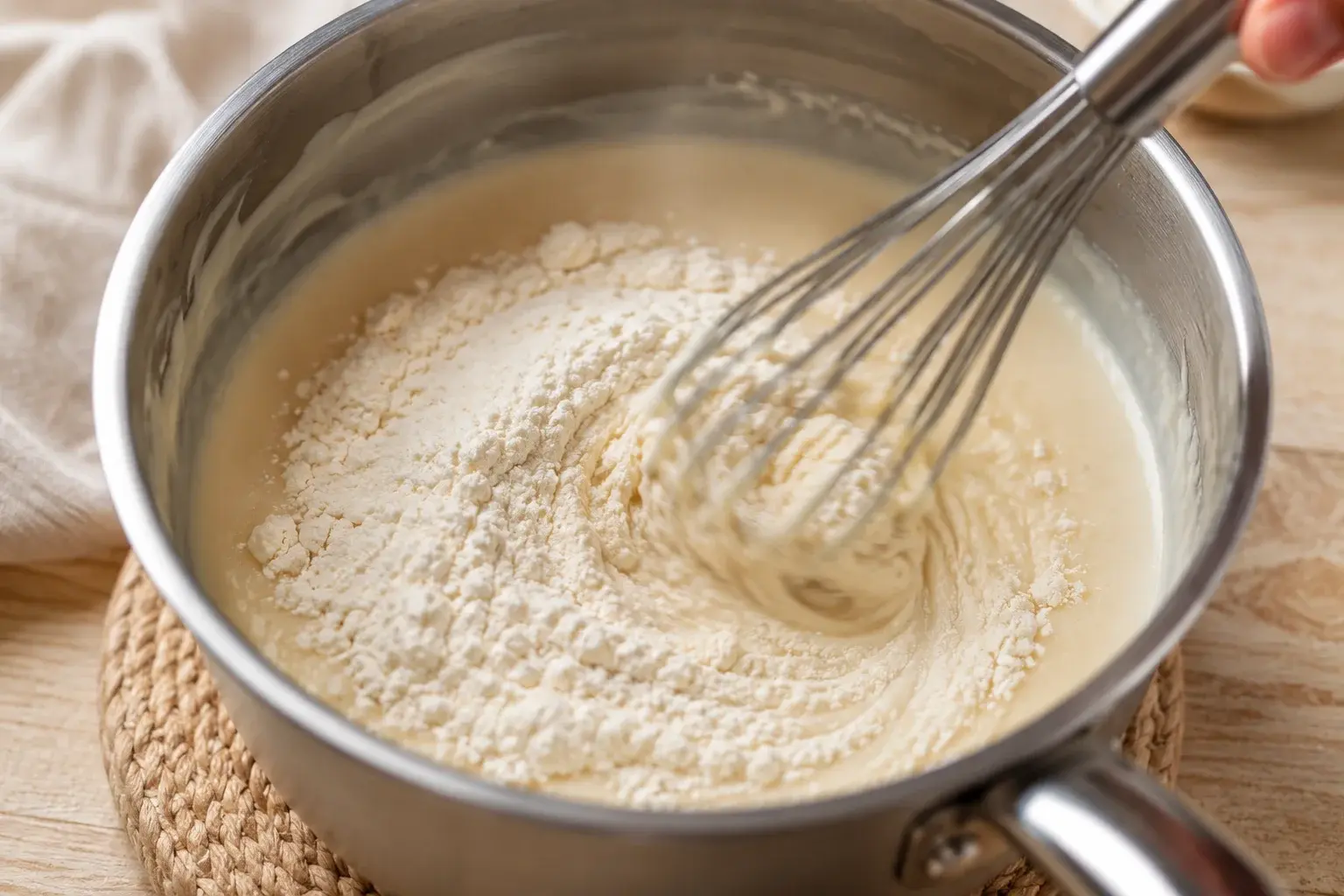 Fouet incorporant la whey protéine dans le mélange tiède de lait de coco