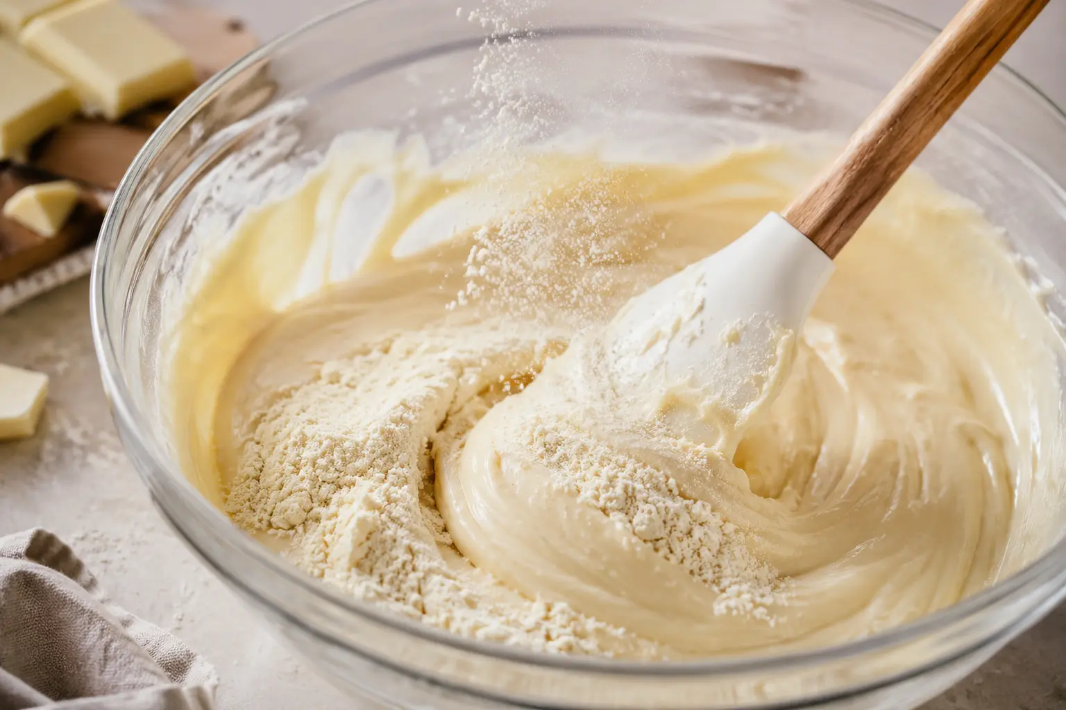 Spatule incorporant la farine et la whey dans la pâte au chocolat blanc