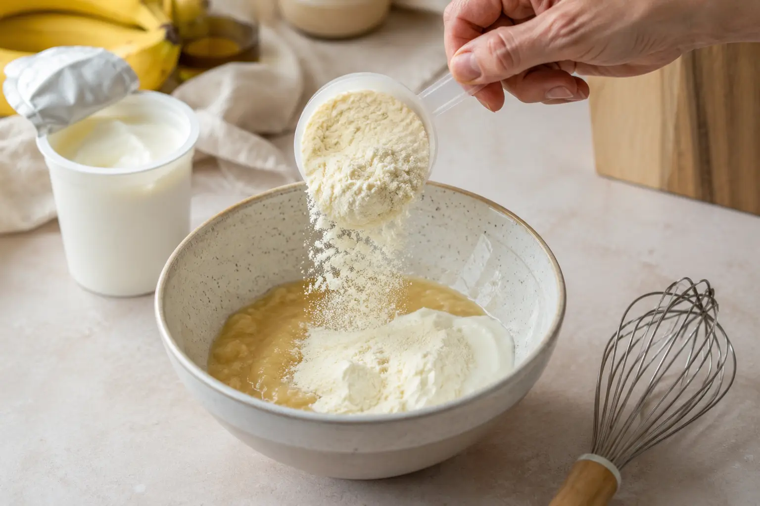 Mélange du fromage blanc et de la whey vanille dans la purée de banane au fouet
