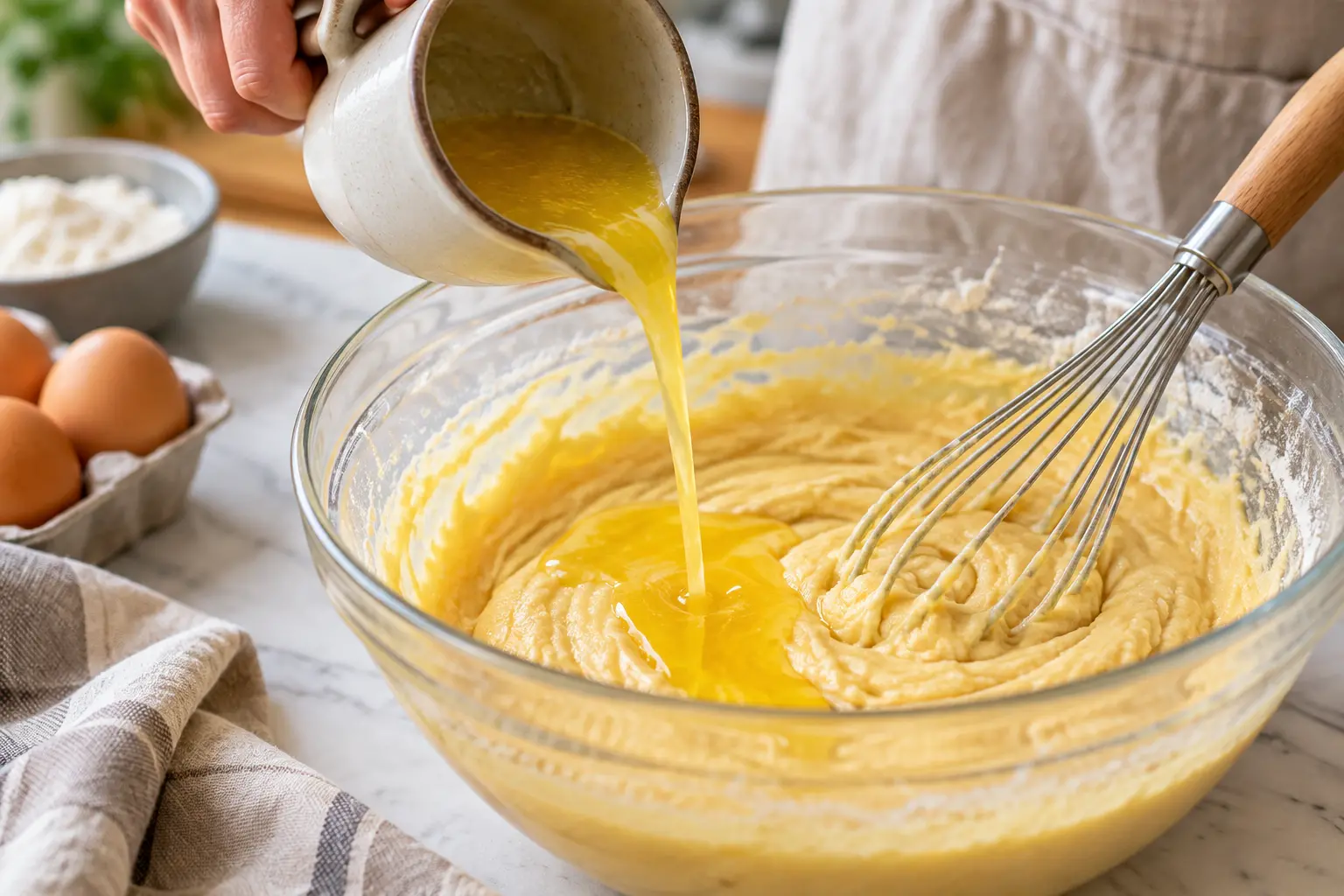 Beurre fondu versé en filet dans la pâte du quatre-quarts