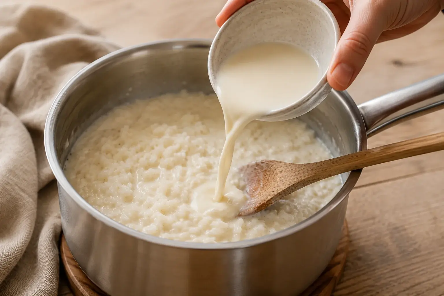 Mélange de whey vanille versé dans la casserole de riz au lait tiède