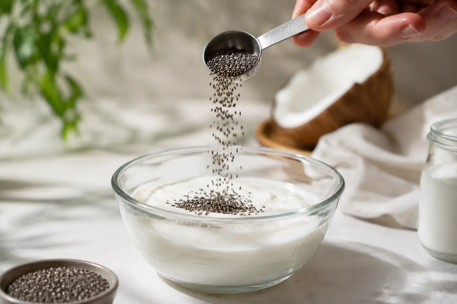 Main versant des graines de chia dans le mélange coco-yaourt
