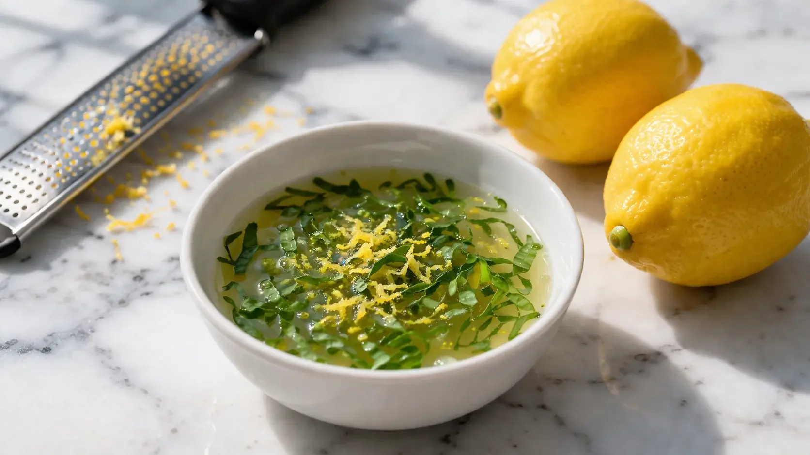 Petit bol blanc avec jus de citron jaune, zestes et feuilles de basilic frais ciselées en train d'infuser, râpe à zeste et citrons à côté sur plan de travail en marbre blanc
