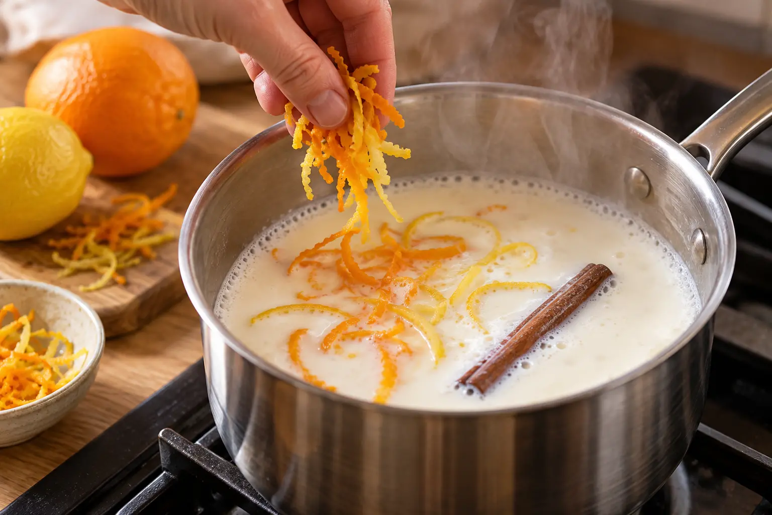 Casserole de lait avec zestes d'agrumes et bâton de cannelle en train d'infuser