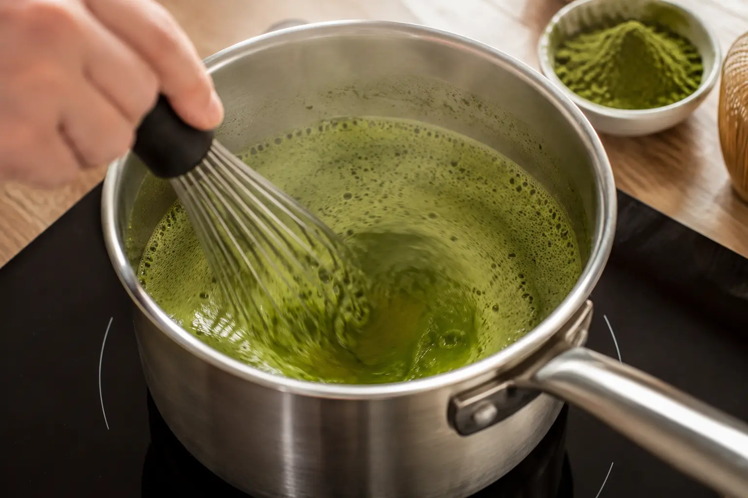 Fouet mélangeant la poudre de matcha dans du lait chaud dans une casserole