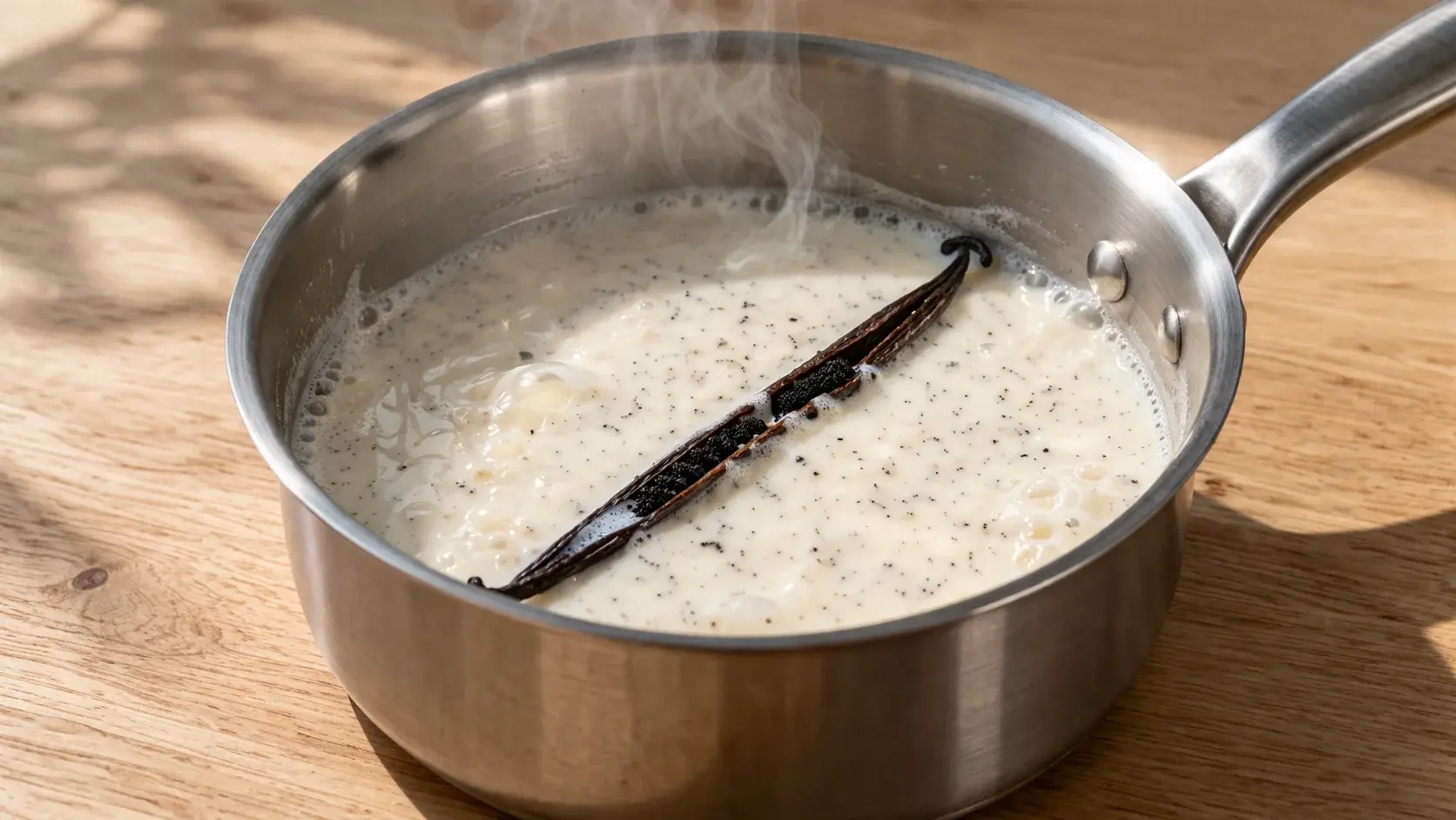Casserole avec du lait chaud et une gousse de vanille fendue en deux, grains noirs de vanille visibles dans le lait frémissant, plan de travail en bois clair
