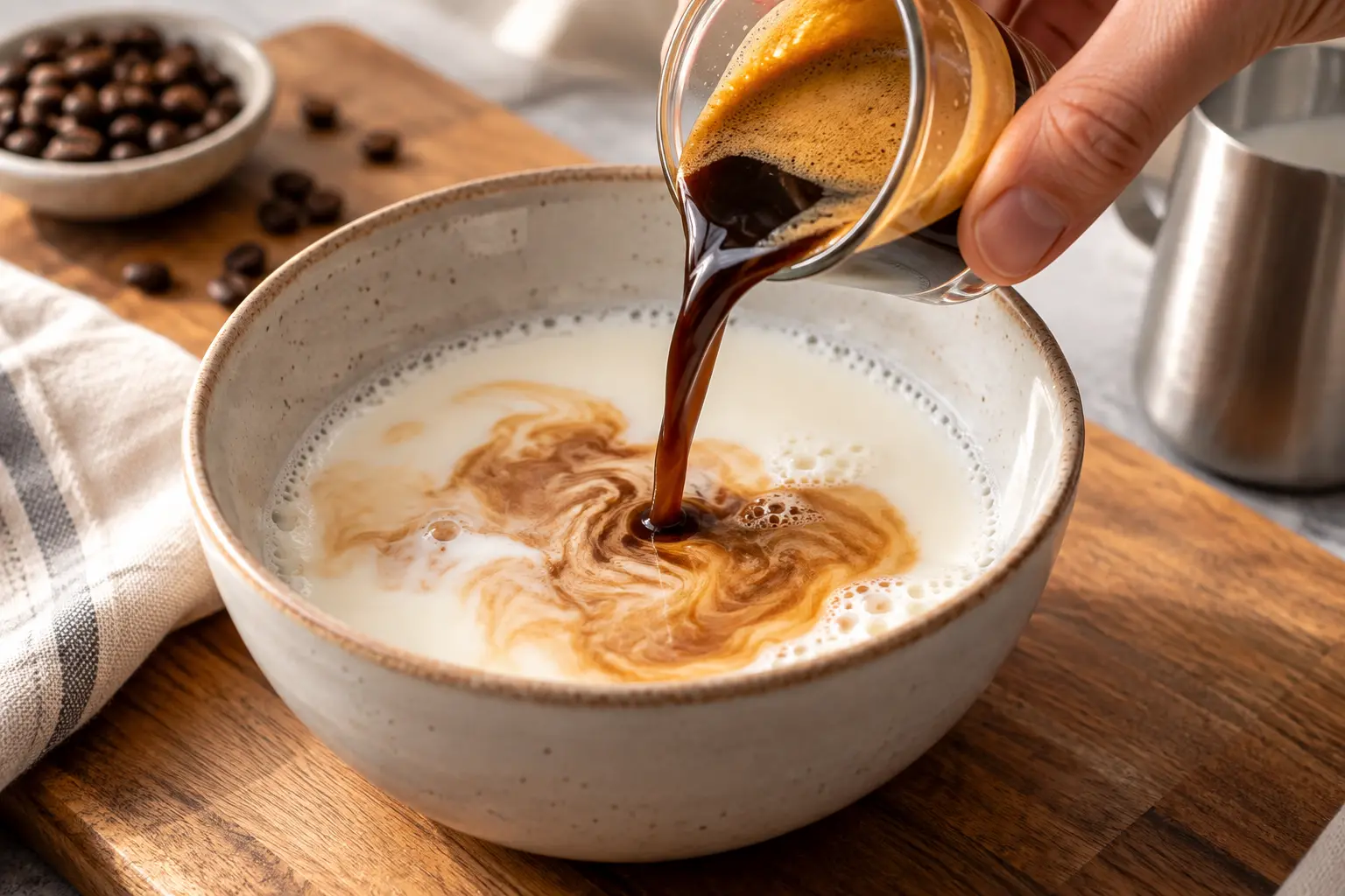 Mélange du lait tiède avec la gélatine fondue et le café espresso