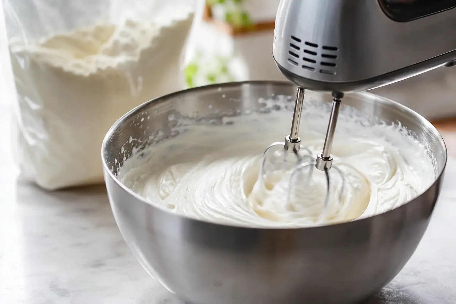 Fouet mélangeant la crème protéinée au fromage blanc et whey dans un saladier
