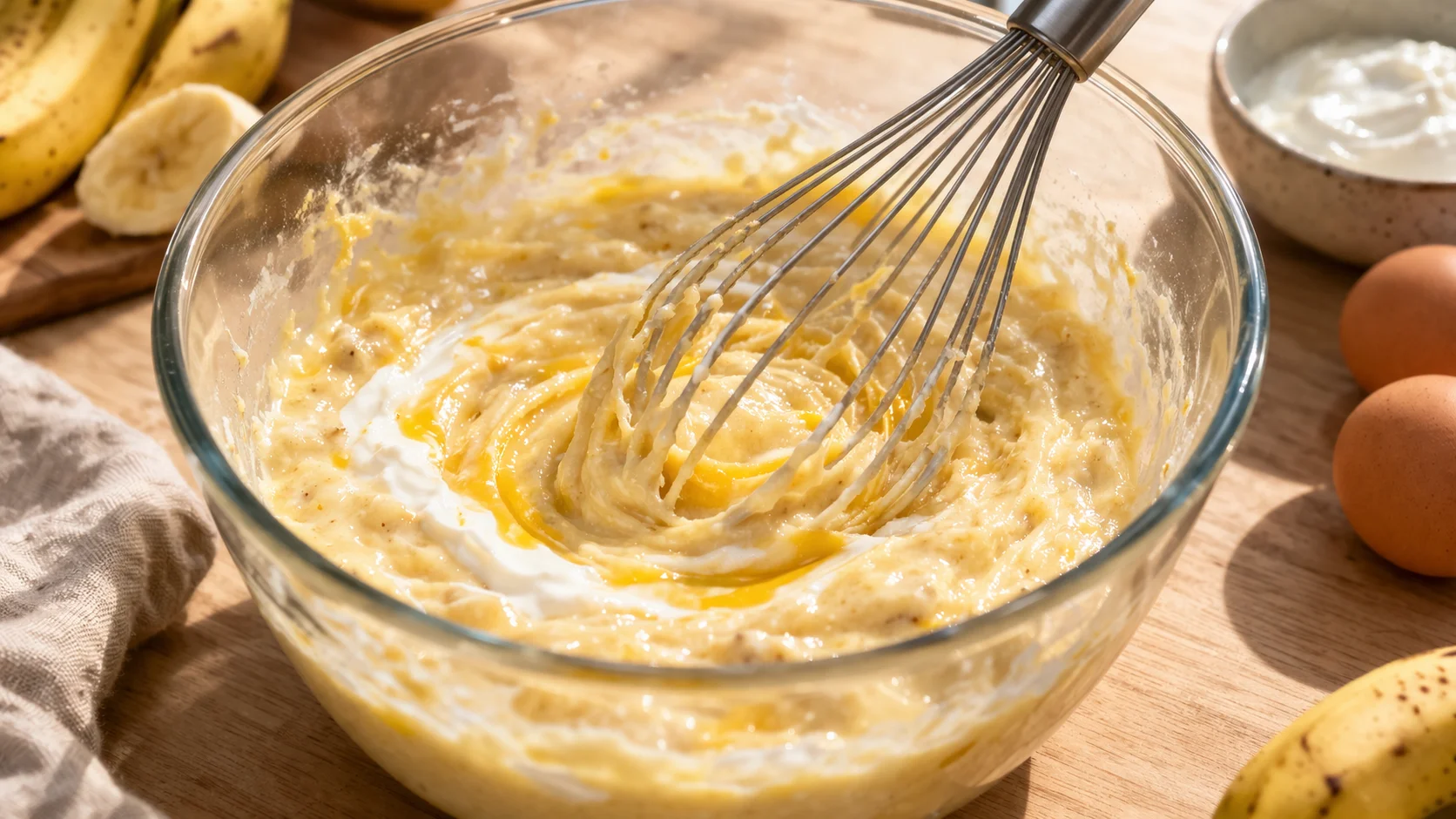 Fouet dans un saladier en verre contenant la purée de bananes, les œufs et le fromage blanc en cours de mélange, texture crémeuse dorée visible