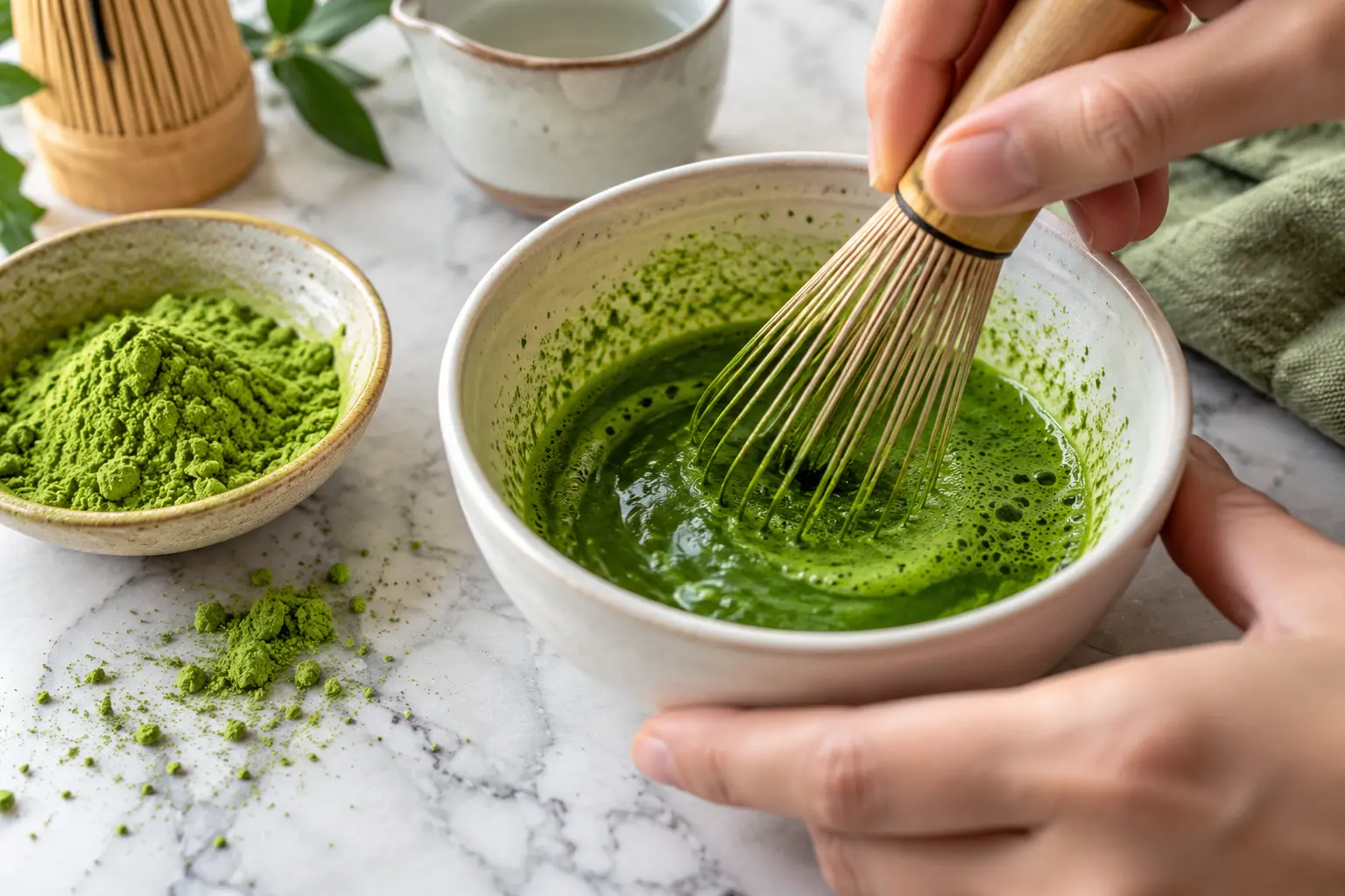 Fouet mélangeant la poudre de matcha avec de l'eau tiède dans un petit bol