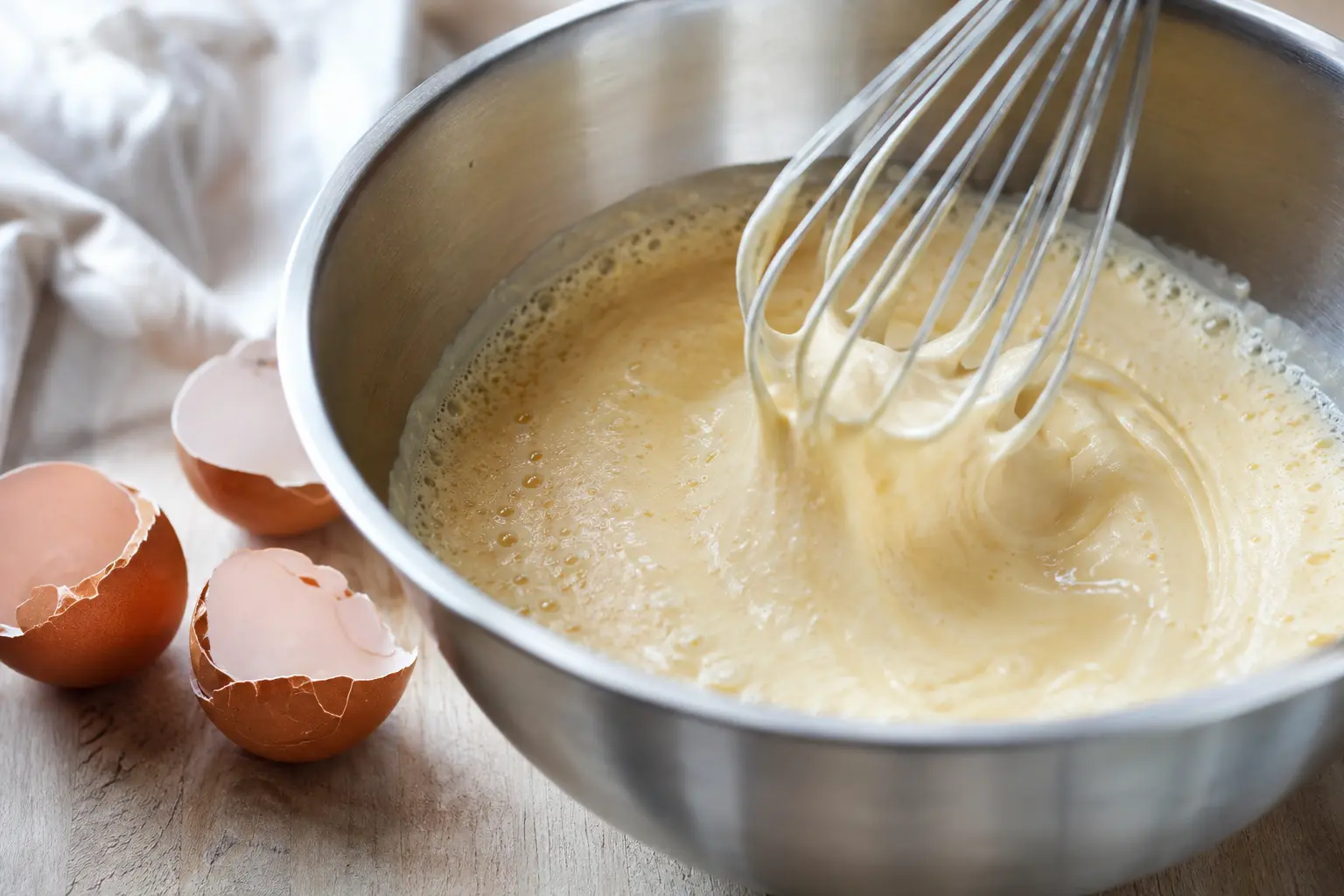 Fouet mélangeant des œufs et du fromage blanc dans un saladier