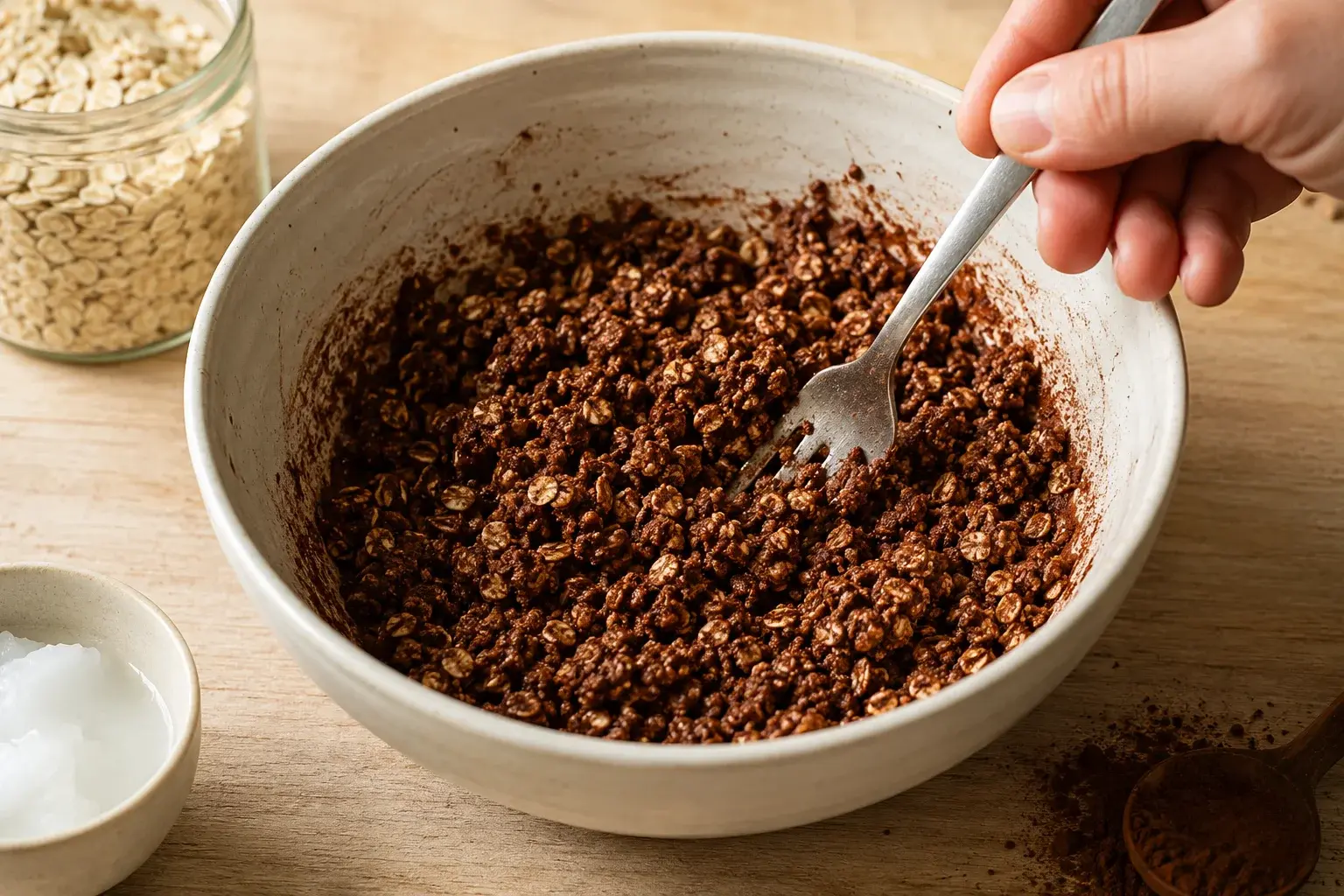 Main mélangeant les flocons d'avoine et le cacao avec une fourchette dans un bol