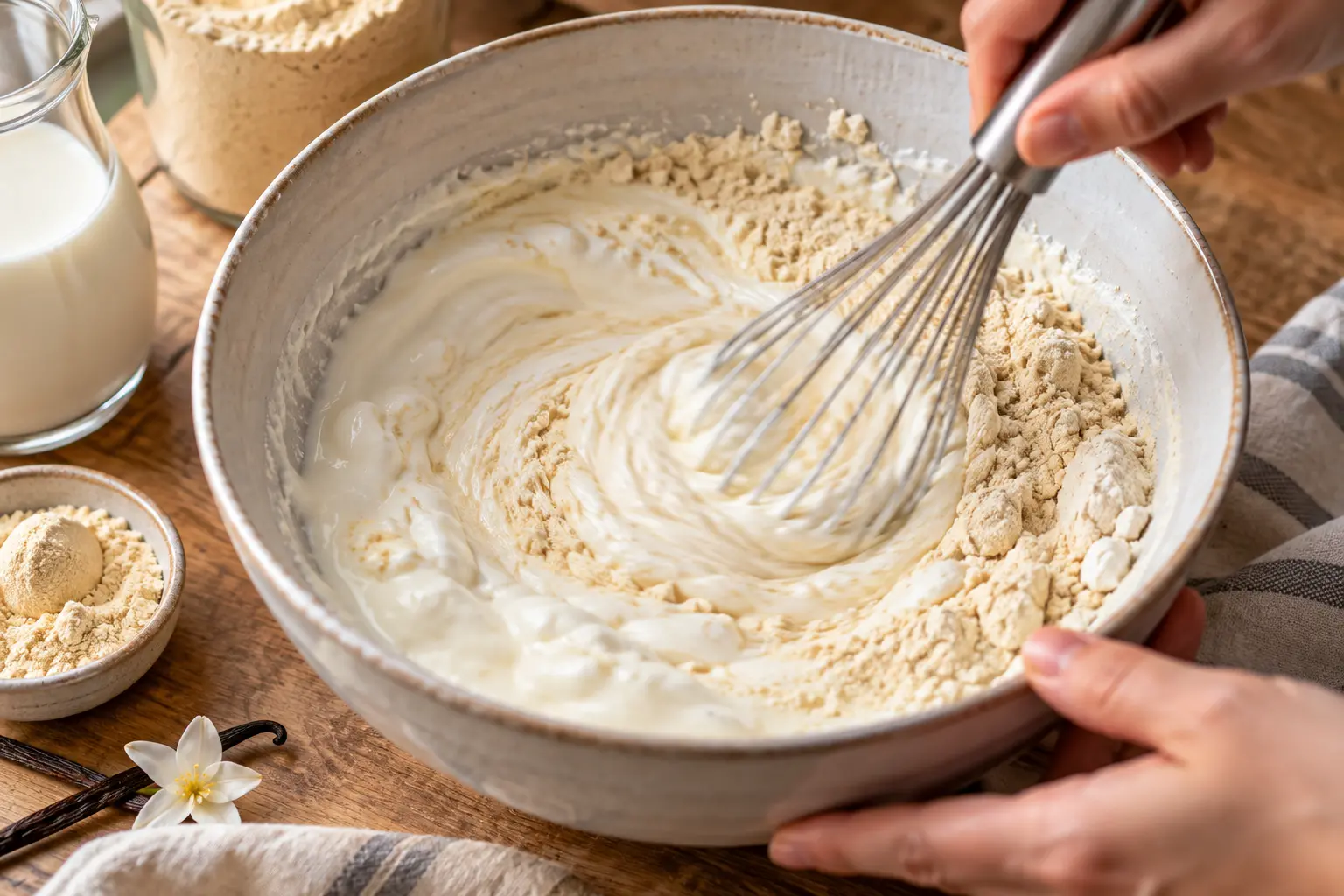 Mélange du fromage blanc, du lait et de la whey dans un bol avec un fouet