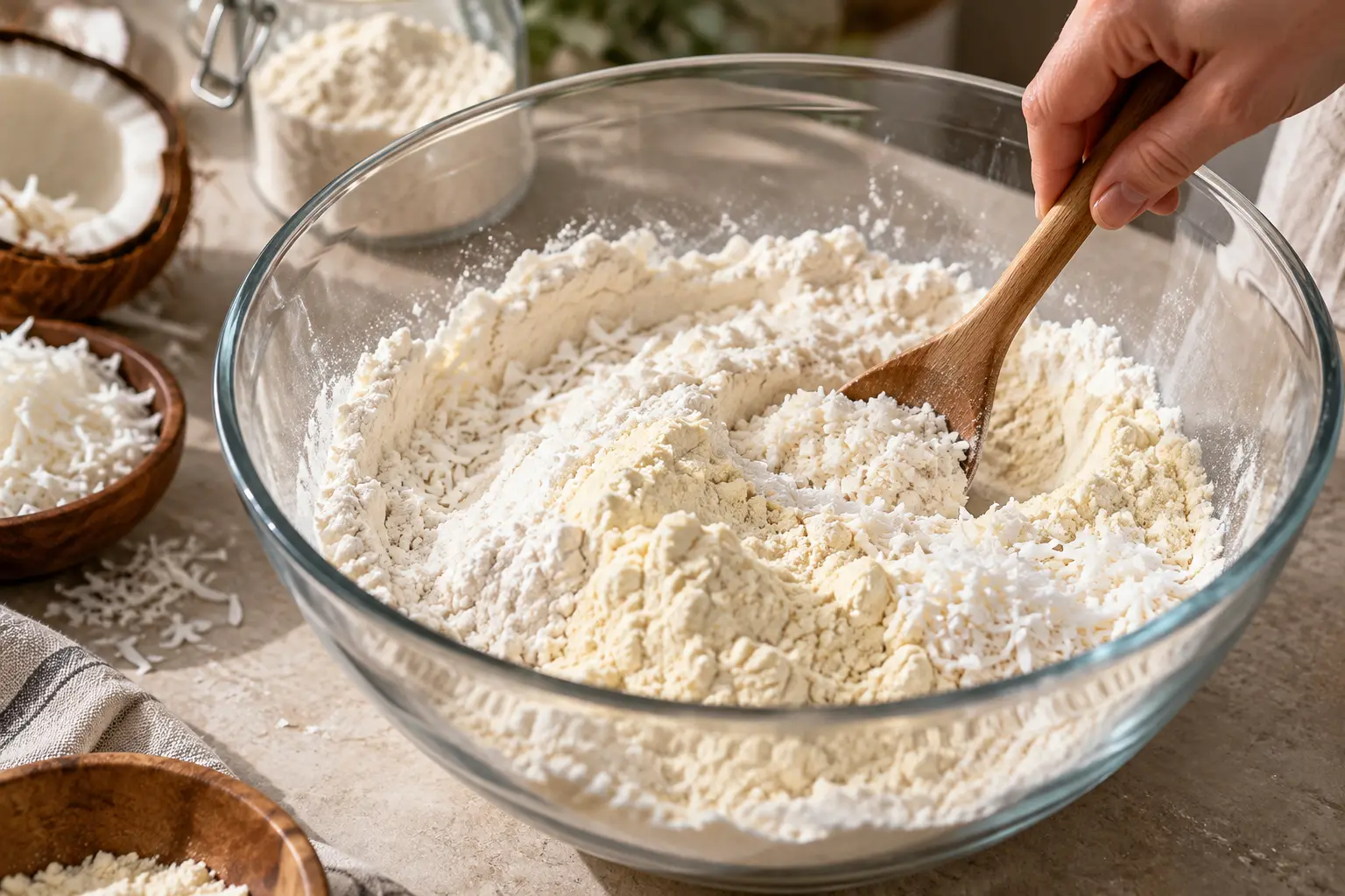 Mélange des farines, whey et coco râpée dans un saladier