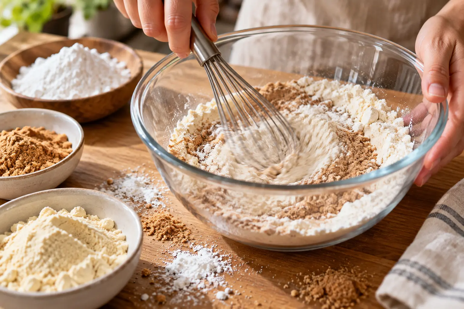 Fouet mélangeant la whey, la maïzena et le sucre de coco dans un bol