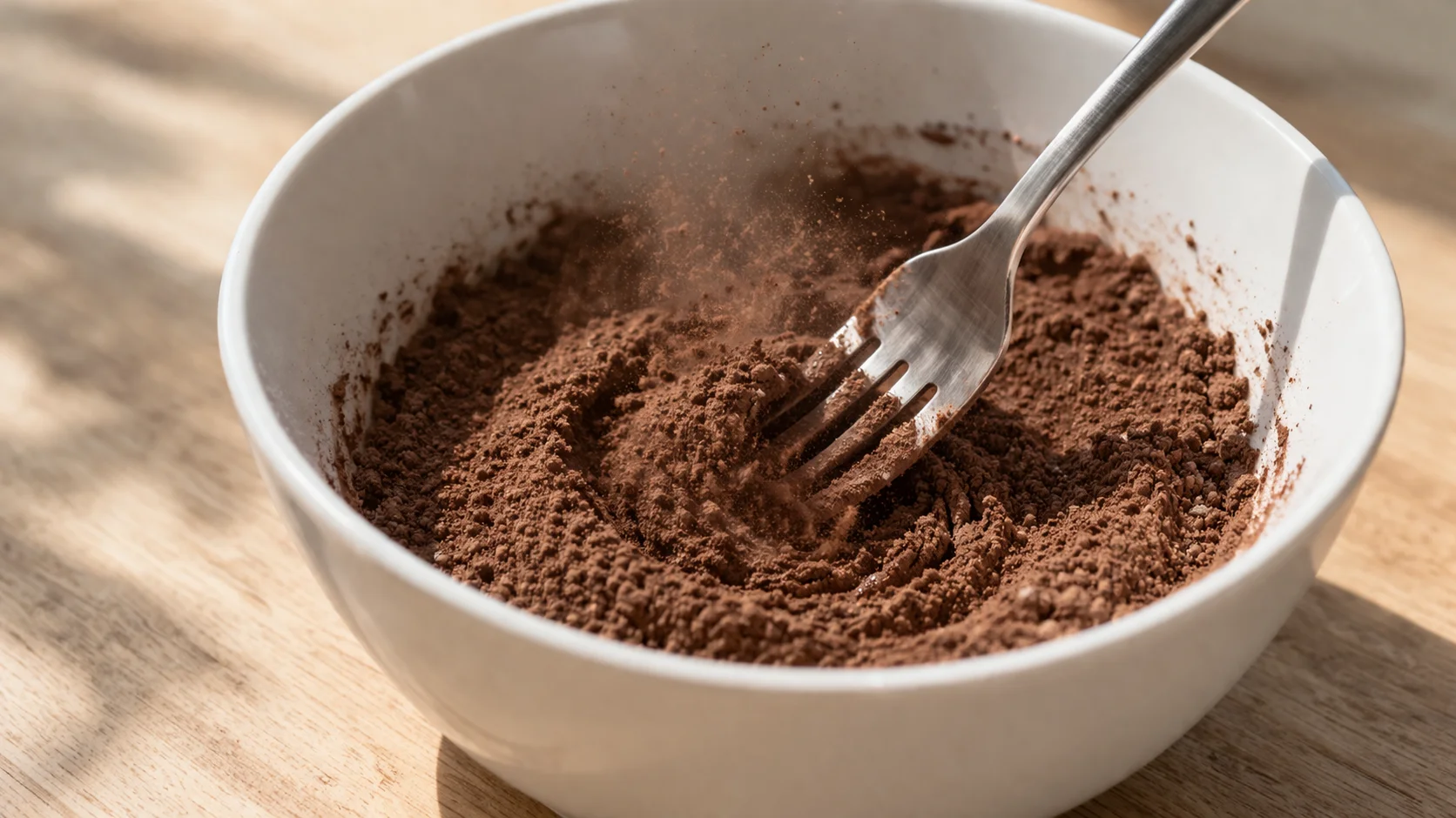Fourchette mélangeant la farine d'avoine, la whey chocolat et le cacao en poudre dans un saladier blanc, poudre brun foncé homogène en formation, plan de travail en bois clair