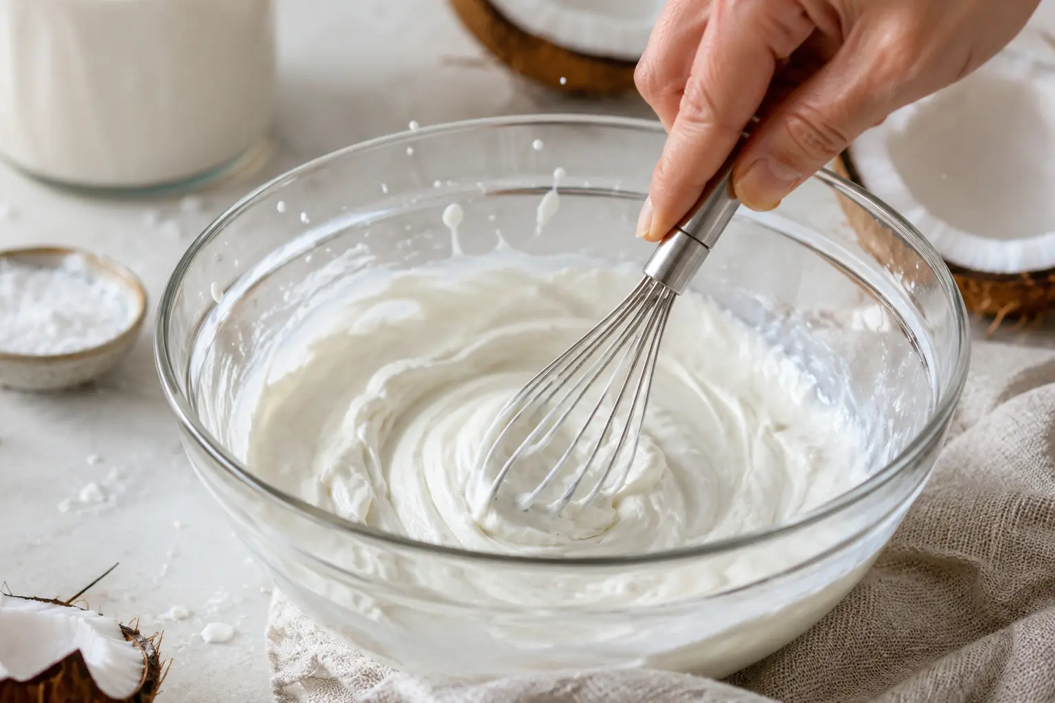 Mélange du lait de coco et du yaourt grec dans un bol avec un fouet
