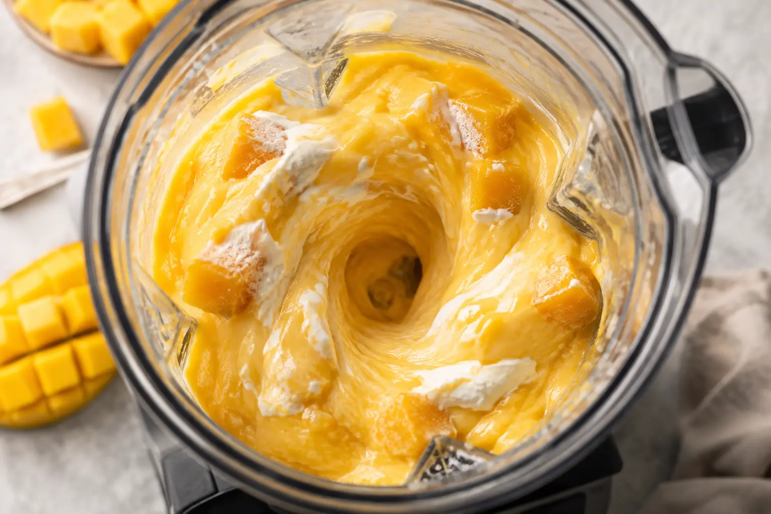 Blender en action avec le mélange mangue et yaourt grec en cours de mixage