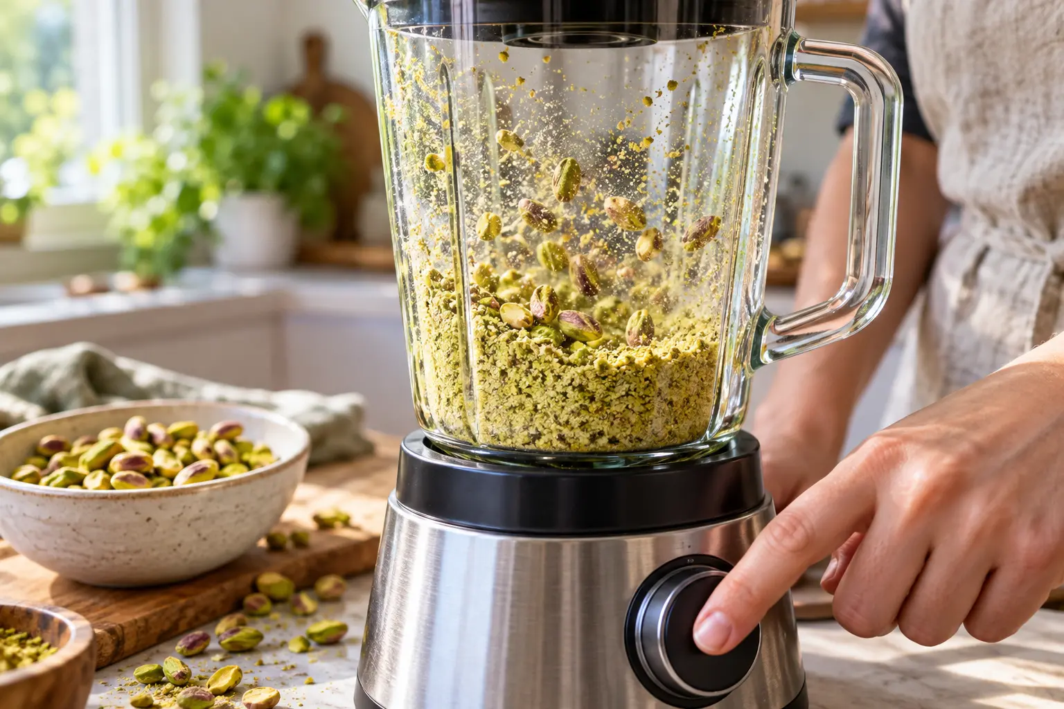 Pistaches en train d'être mixées en poudre dans un blender