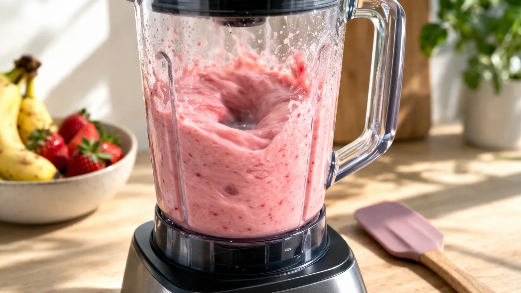 Blender en action contenant les bananes congelées, les fraises et la whey, texture rose et crémeuse visible à travers les parois, plan de travail en bois clair