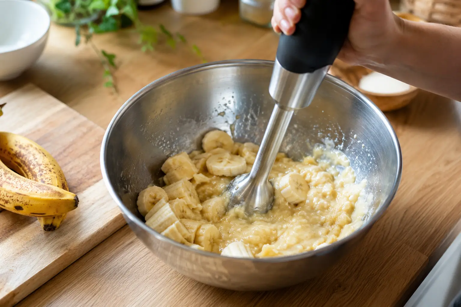 Bananes mûres en train d'être mixées dans un blender pour le pudding protéiné