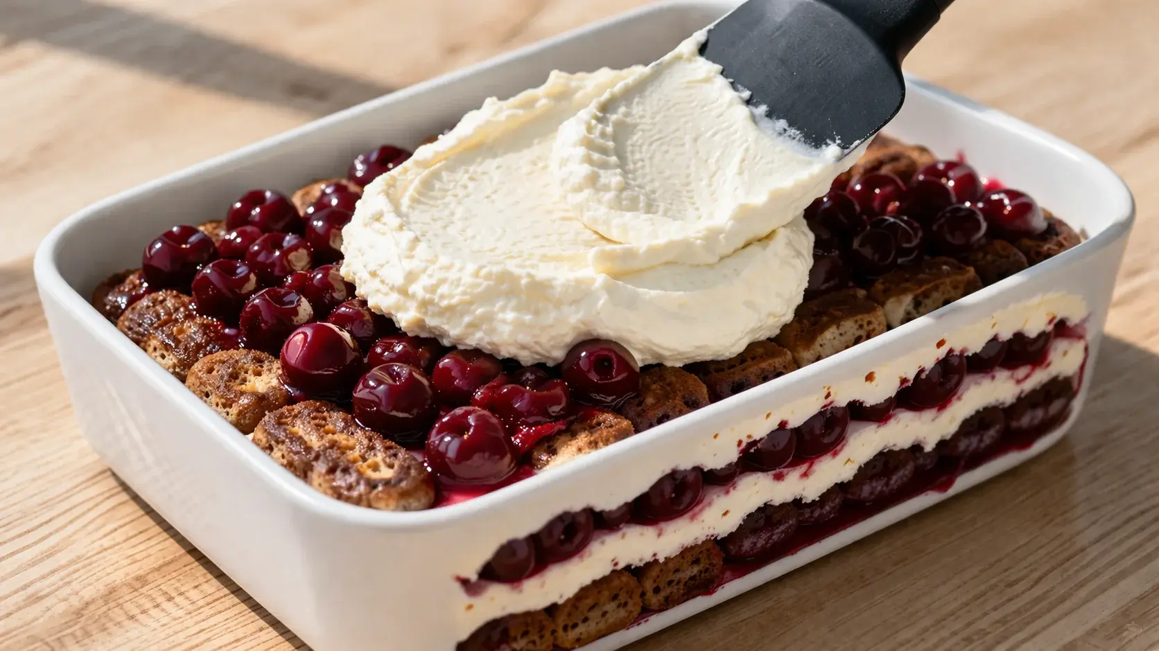 Montage en couches d'un tiramisu forêt noire dans un plat blanc, avec strates visibles de crème, griottes et biscuits