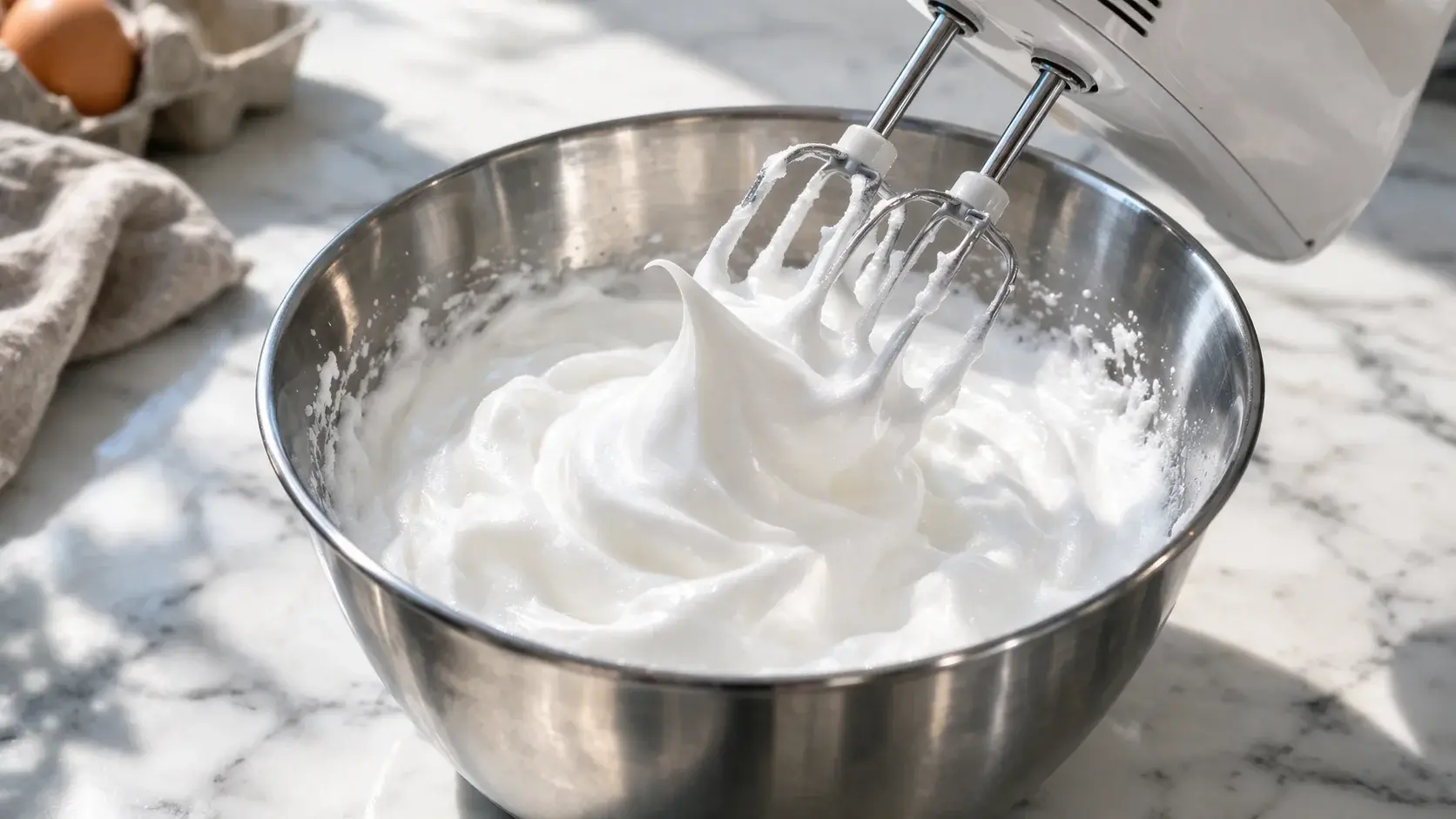 Batteur électrique montant des blancs d'oeufs en neige ferme et brillante dans un saladier en inox, texture mousseuse avec pics bien formés visibles