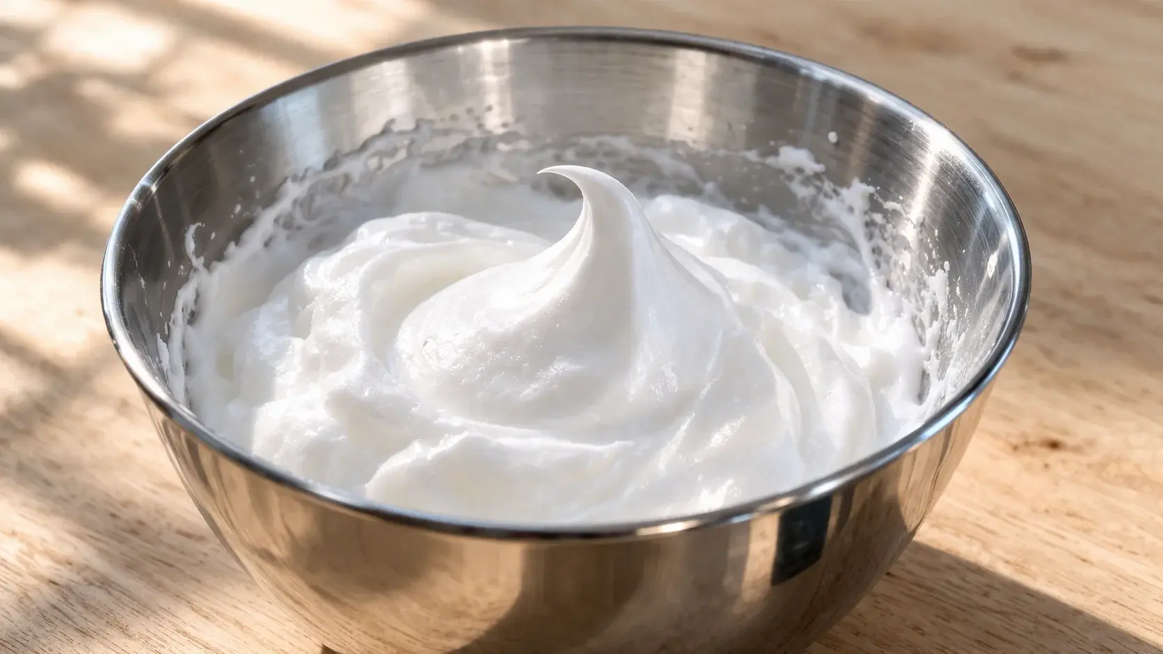 Blancs d'oeufs en neige ferme dans un bol inox avec traces de fouet, prêts à être incorporés à la crème du tiramisu