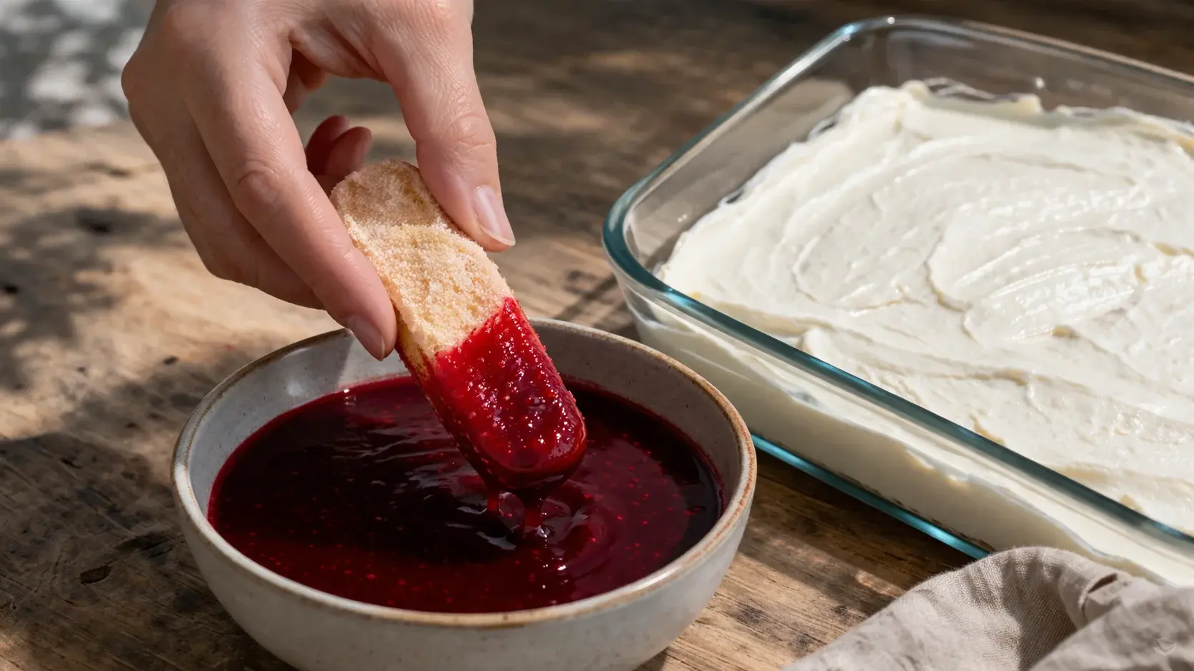Main trempant rapidement un boudoir dans le coulis de fruits rouges au-dessus d'un bol, boudoir imbibé de rouge prêt à être posé dans le plat, crème protéinée blanche déjà étalée en première couche visible