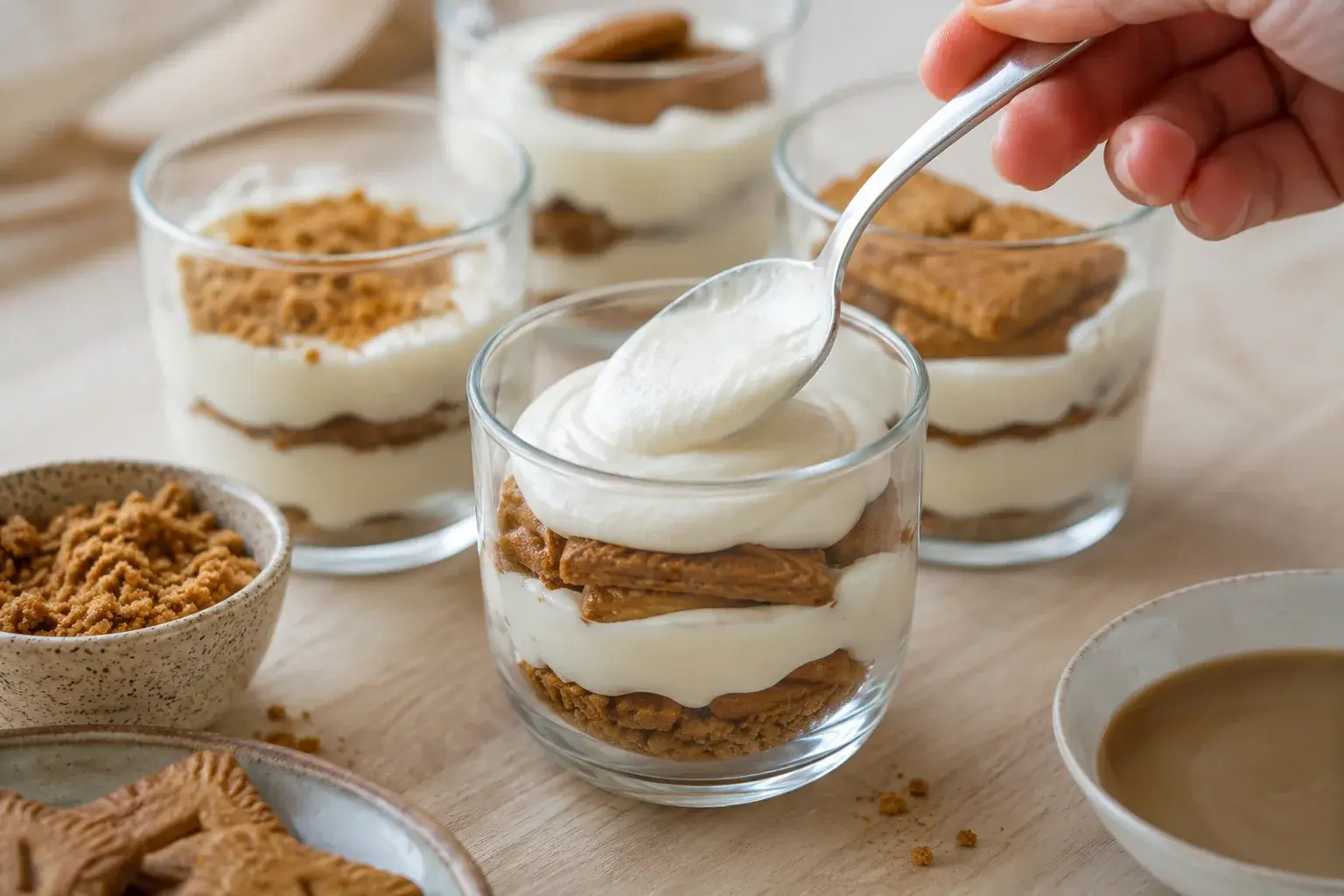 Assemblage des couches de tiramisu dans des verrines transparentes avec cuillère déposant la crème