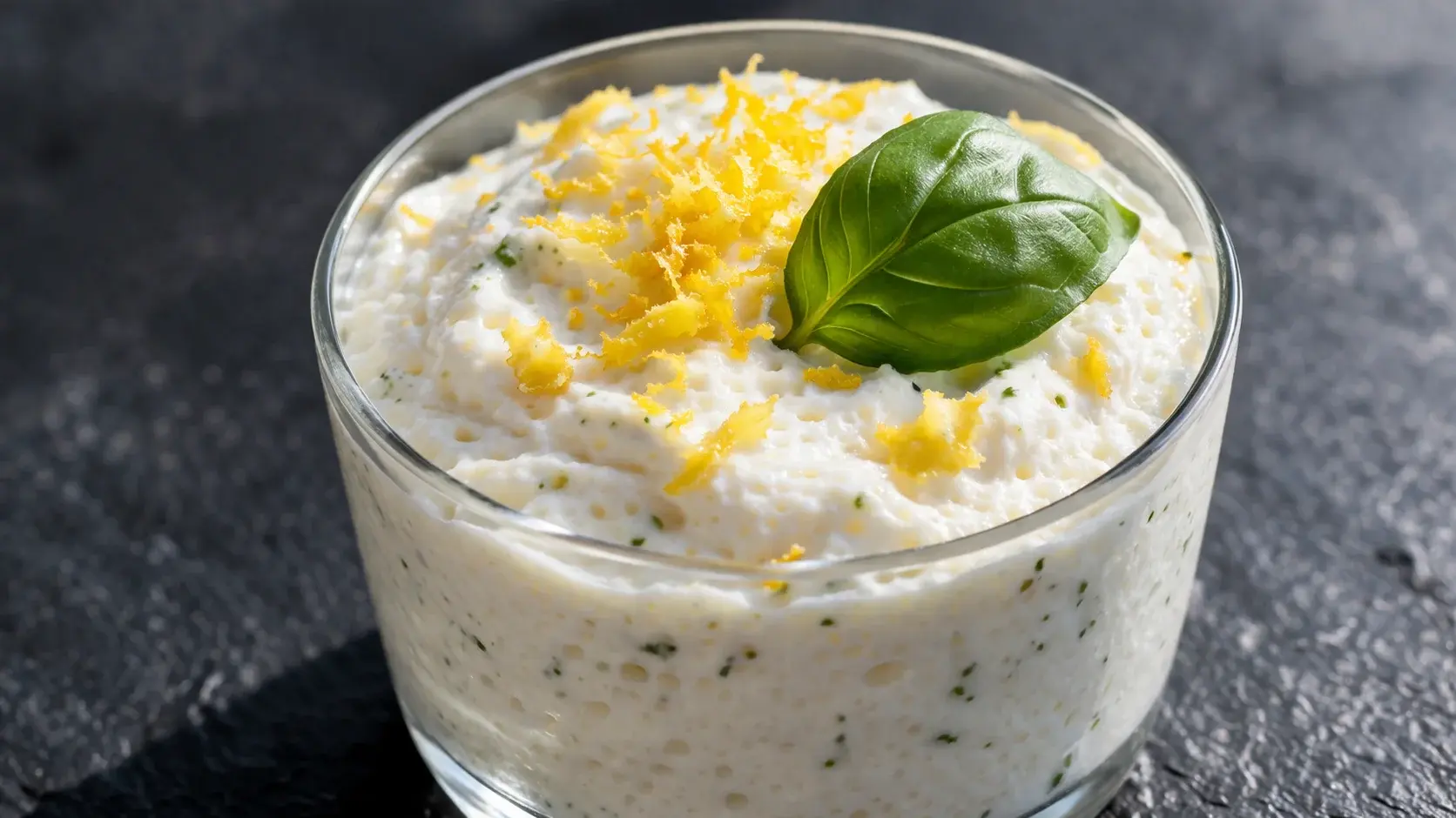 Gros plan sur une verrine de mousse citron-basilic protéinée, texture aérienne et blanche avec zestes de citron jaune et feuille de basilic vert visible, fond ardoise sombre