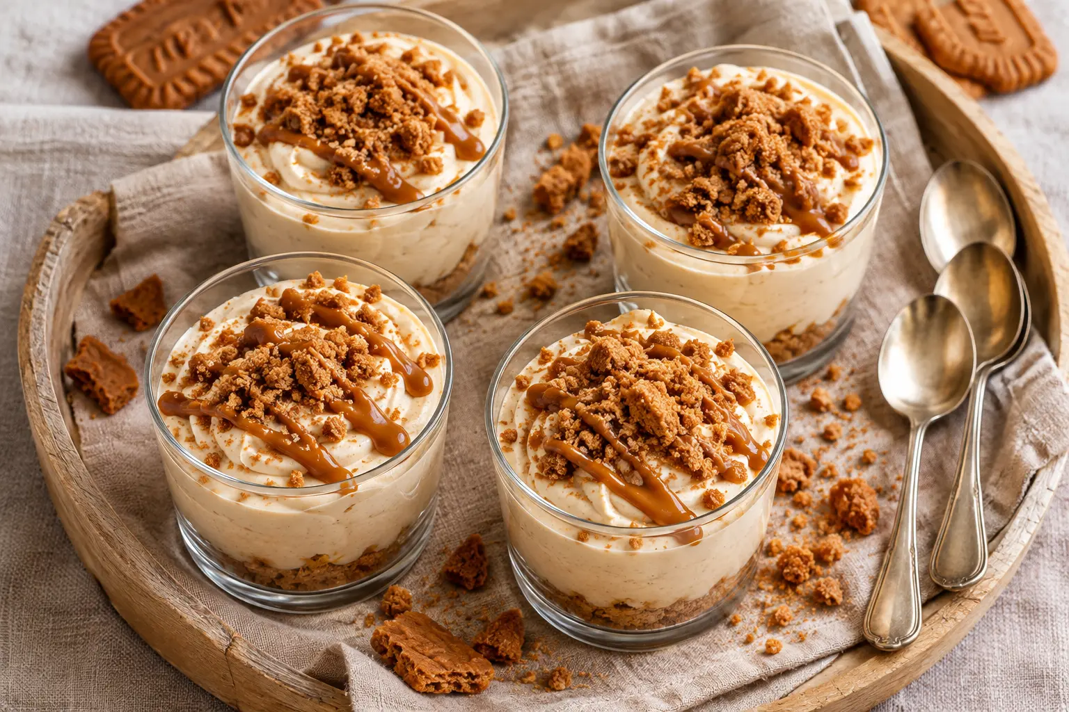 Gros plan sur la texture aérienne de la mousse vanille-spéculoos protéinée