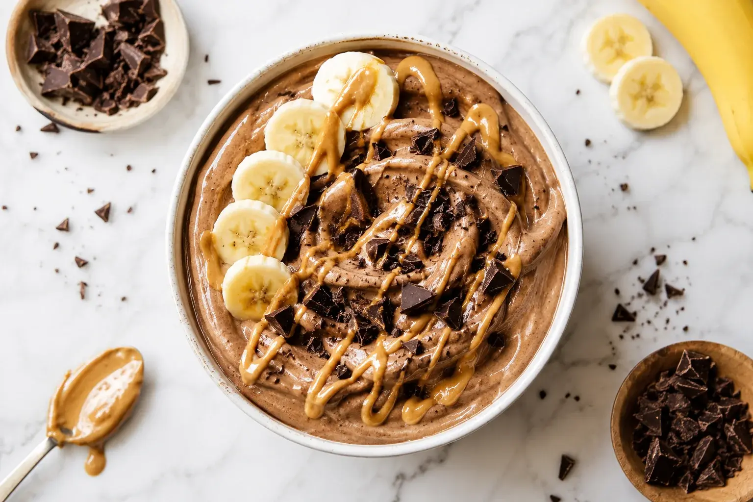 Bol de nice cream banane-chocolat vu de dessus avec toppings